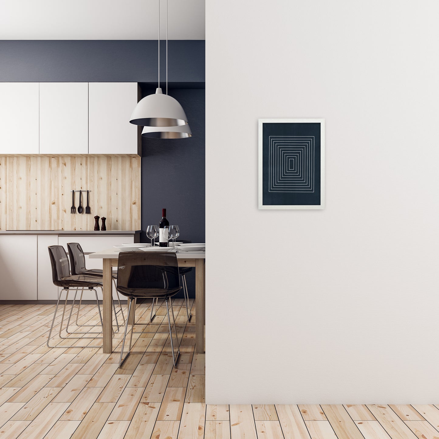 Lino Style Blue Geometric Squares A3 Oak Frame