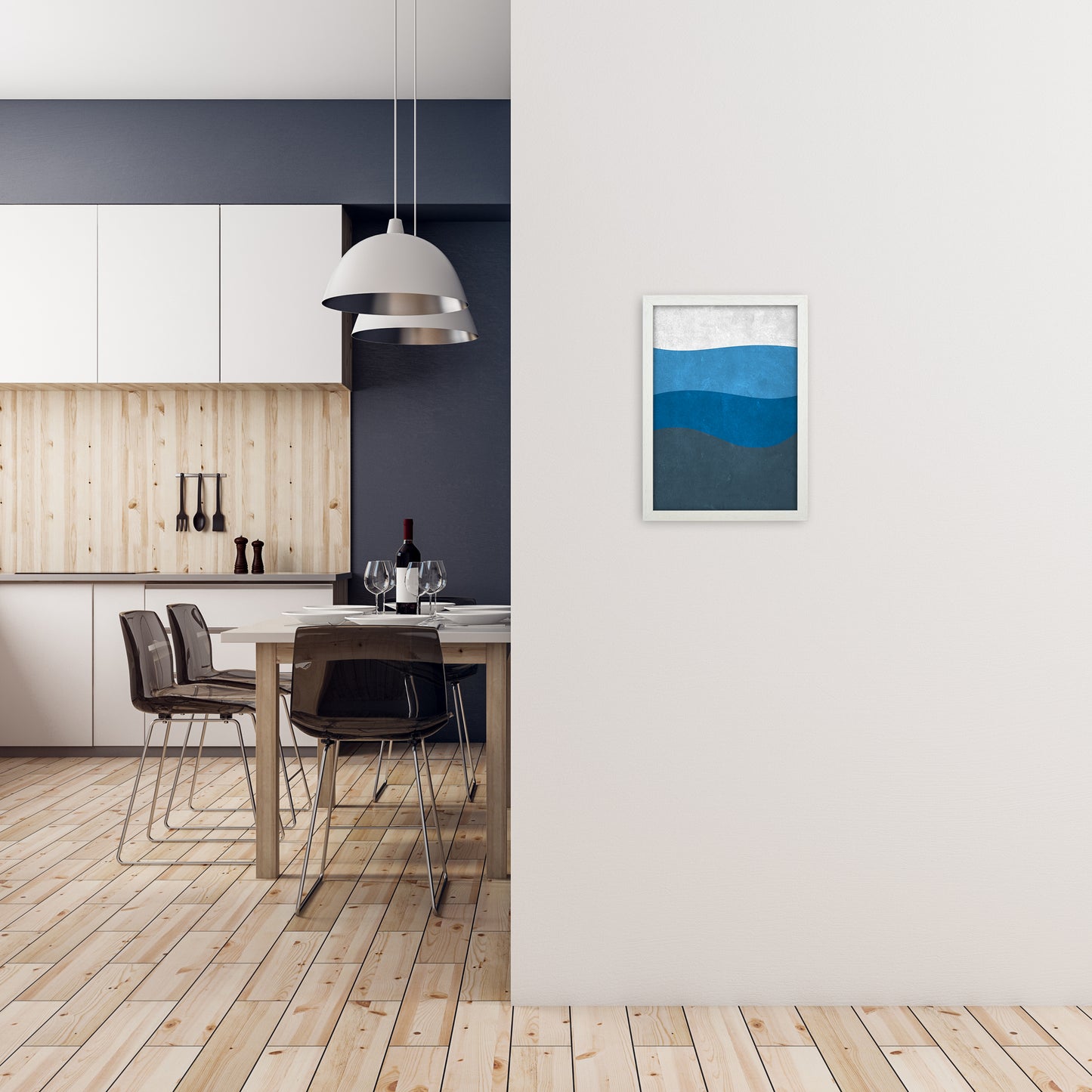 Abstract Blue Seascape Grunge A3 Oak Frame