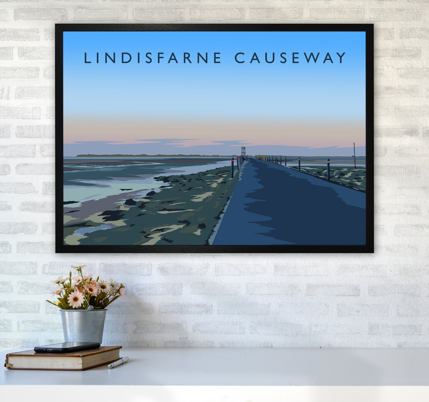 Lindisfarne Causeway Travel Art Print by Richard O'Neill A1 White Frame