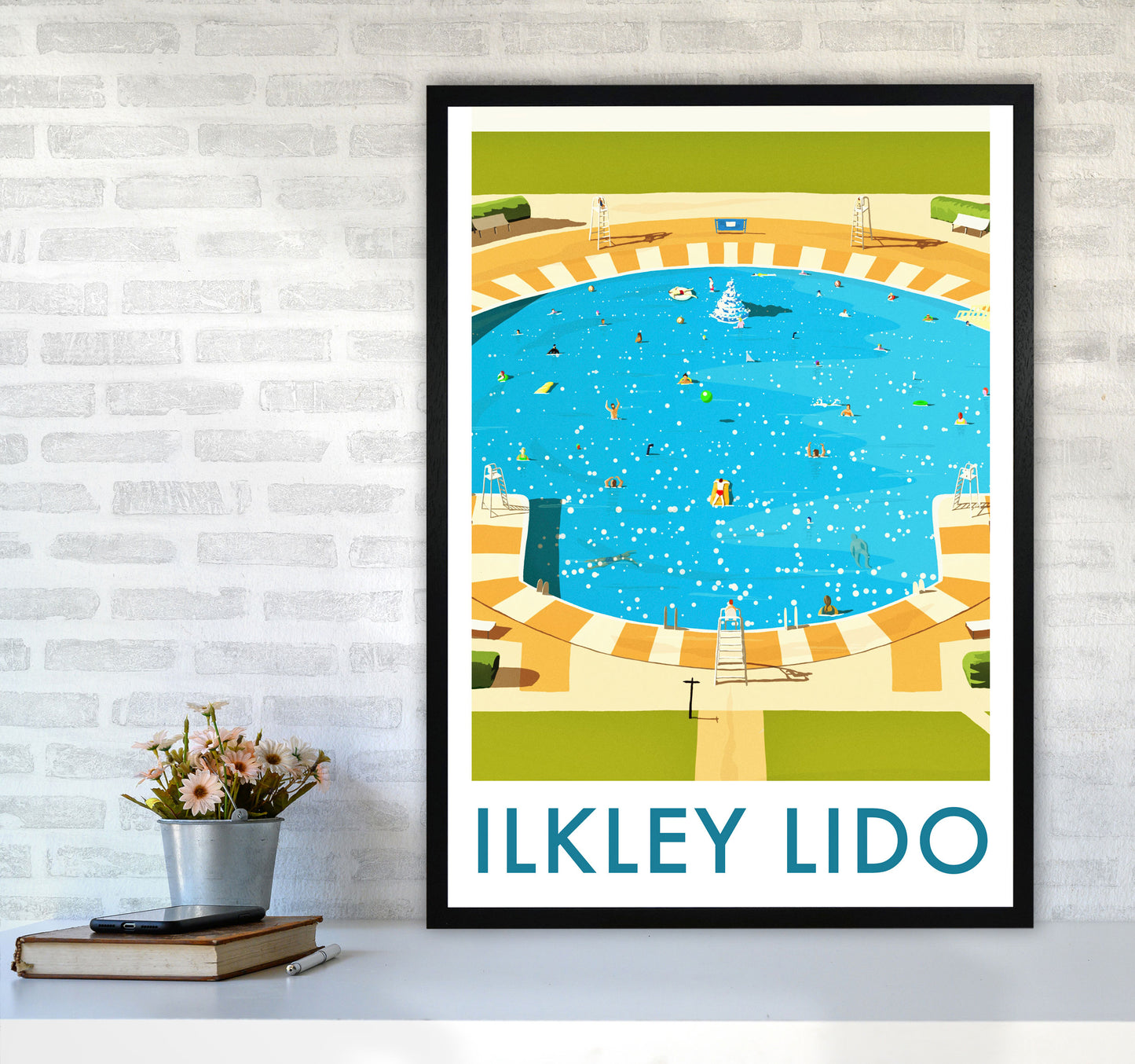 Ilkley Lido portrait Travel Art Print by Richard O'Neill A1 White Frame