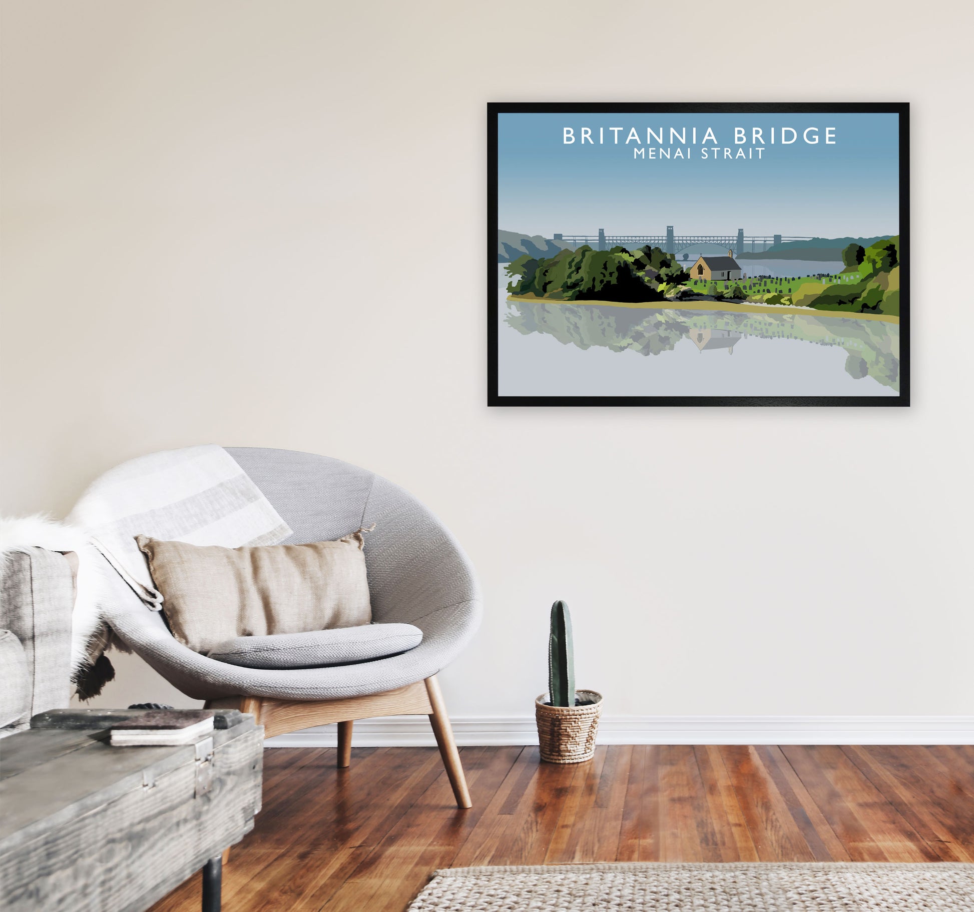 Britannia Bridge Art Print by Richard O'Neill A1 White Frame