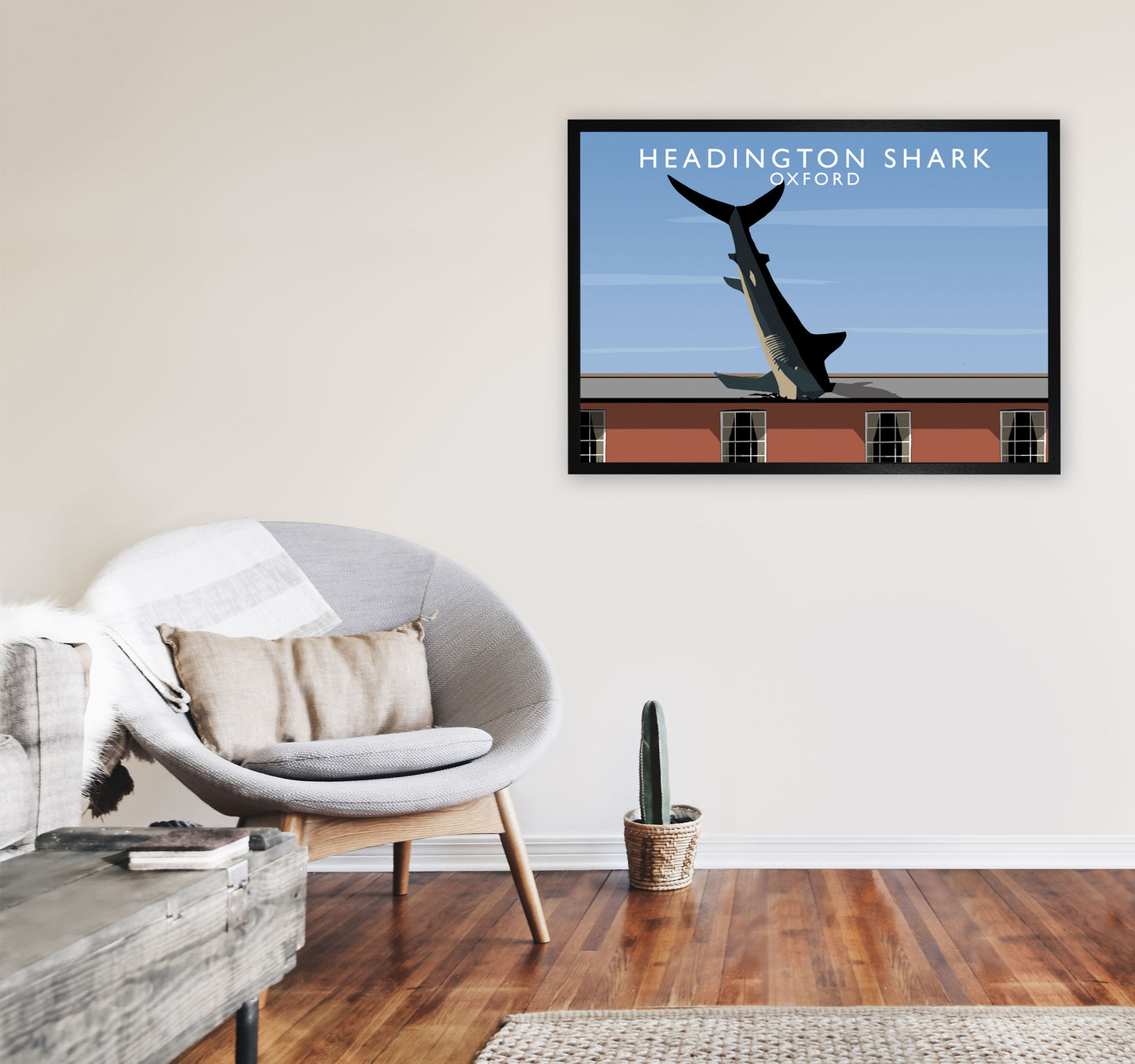 Headington Shark Oxford Travel Art Print by Richard O'Neill, Framed Wall Art A1 White Frame