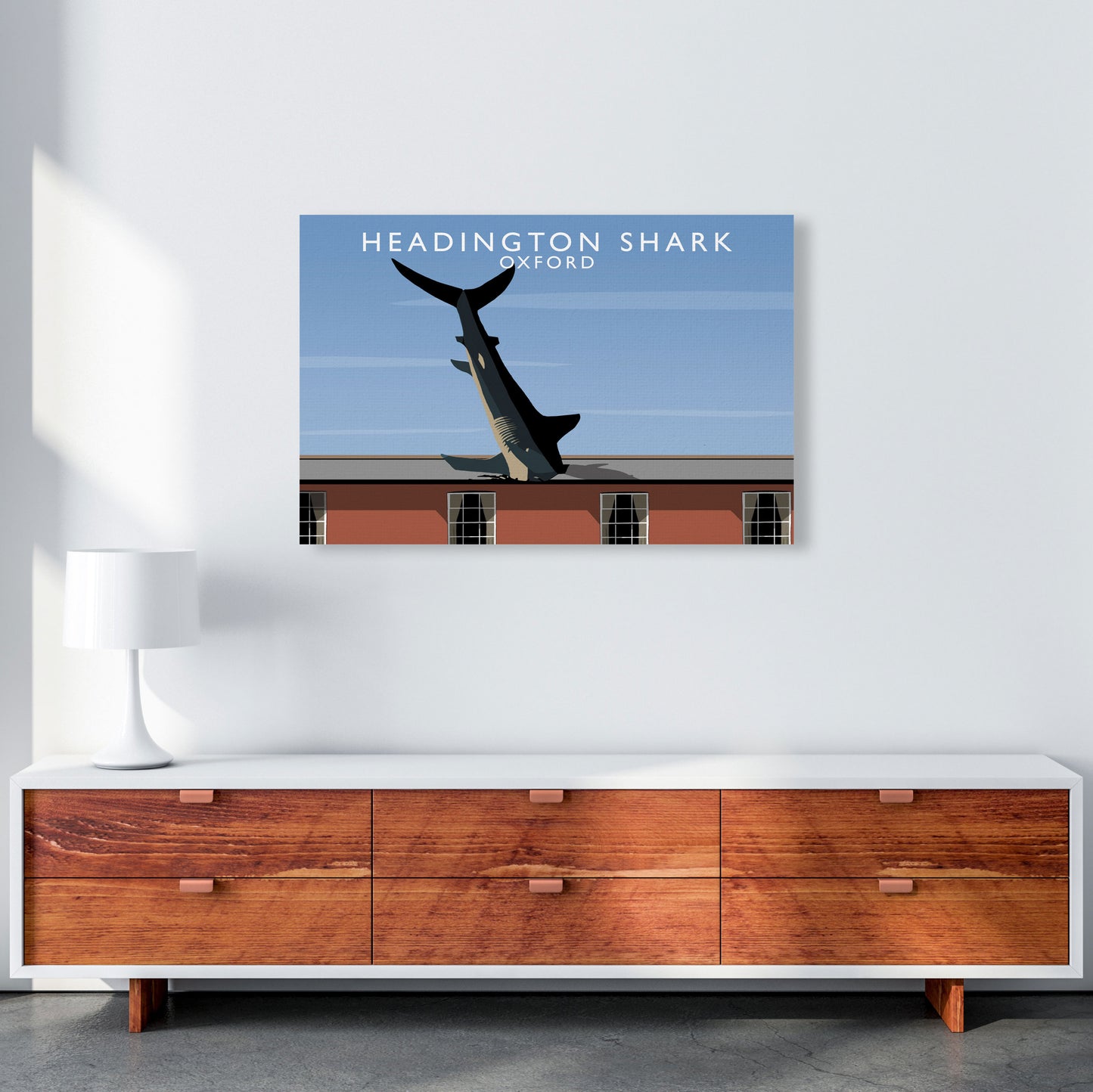 Headington Shark Oxford Travel Art Print by Richard O'Neill, Framed Wall Art A1 Canvas