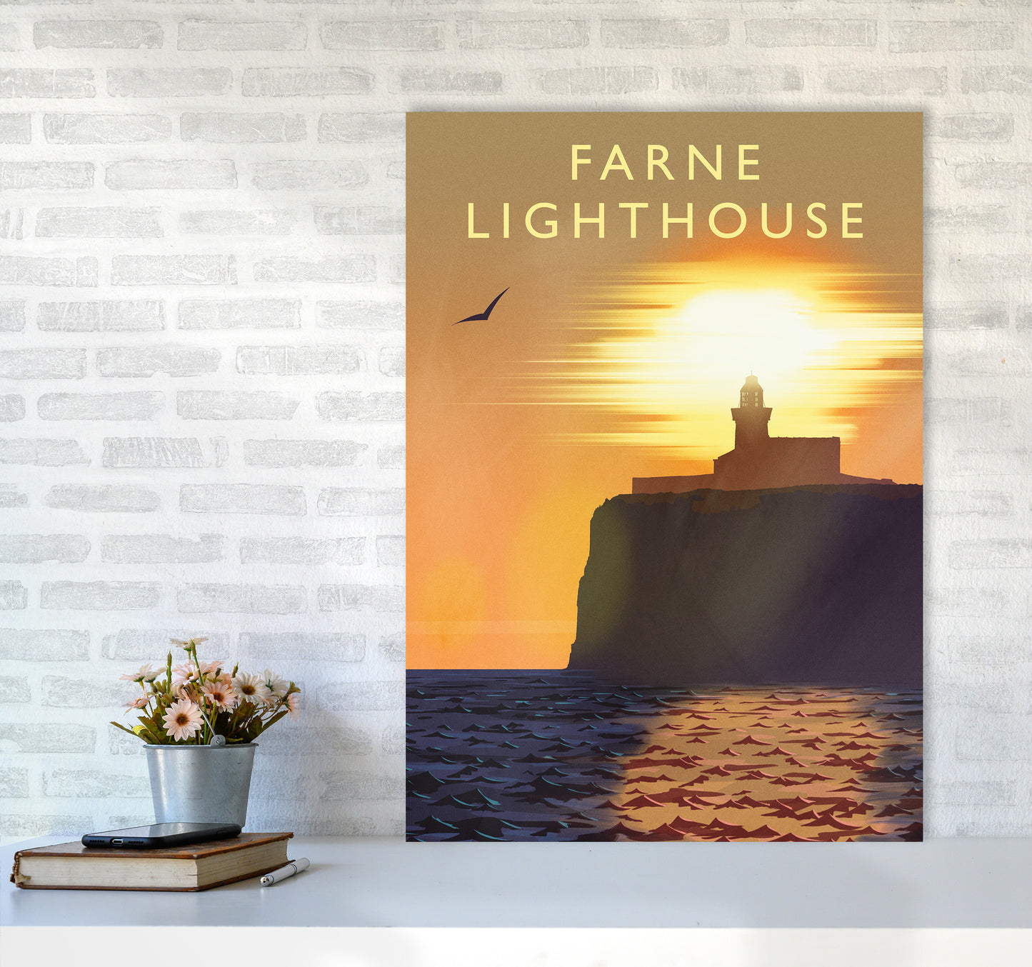 Farne Lighthouse portrait Travel Art Print by Richard O'Neill A1 Black Frame