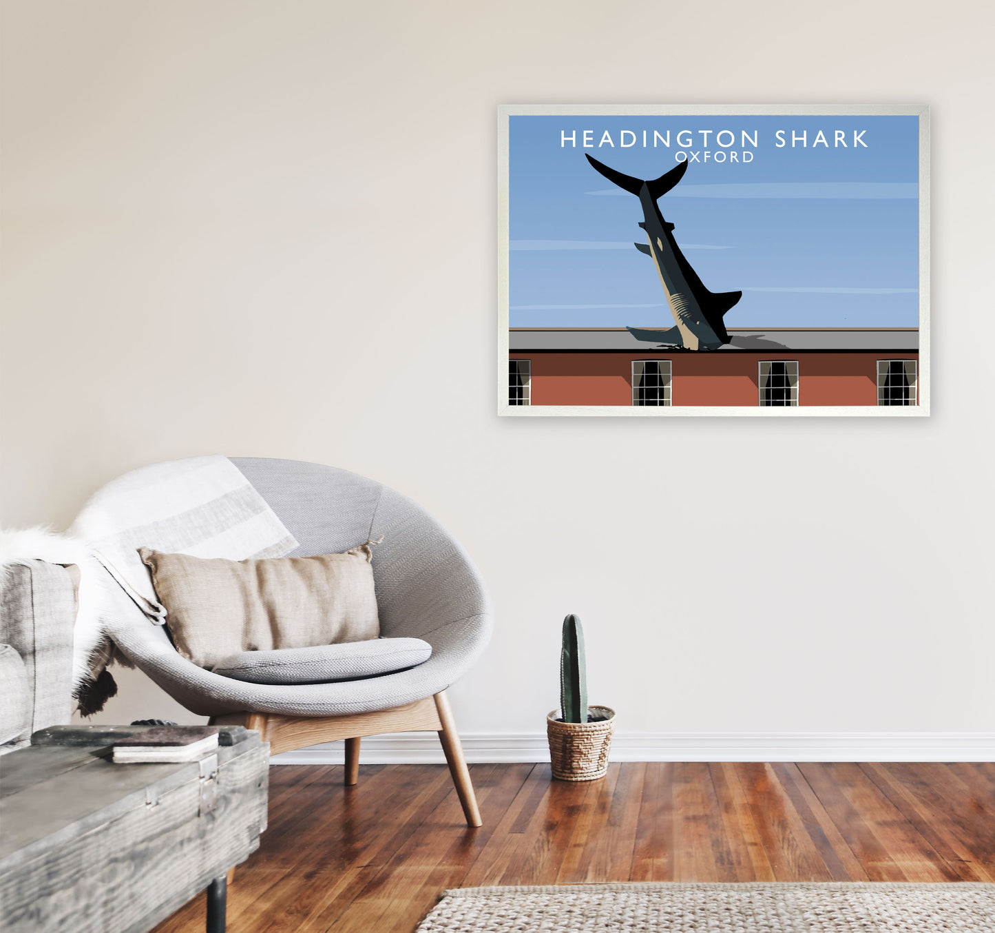 Headington Shark Oxford Travel Art Print by Richard O'Neill, Framed Wall Art A1 Oak Frame