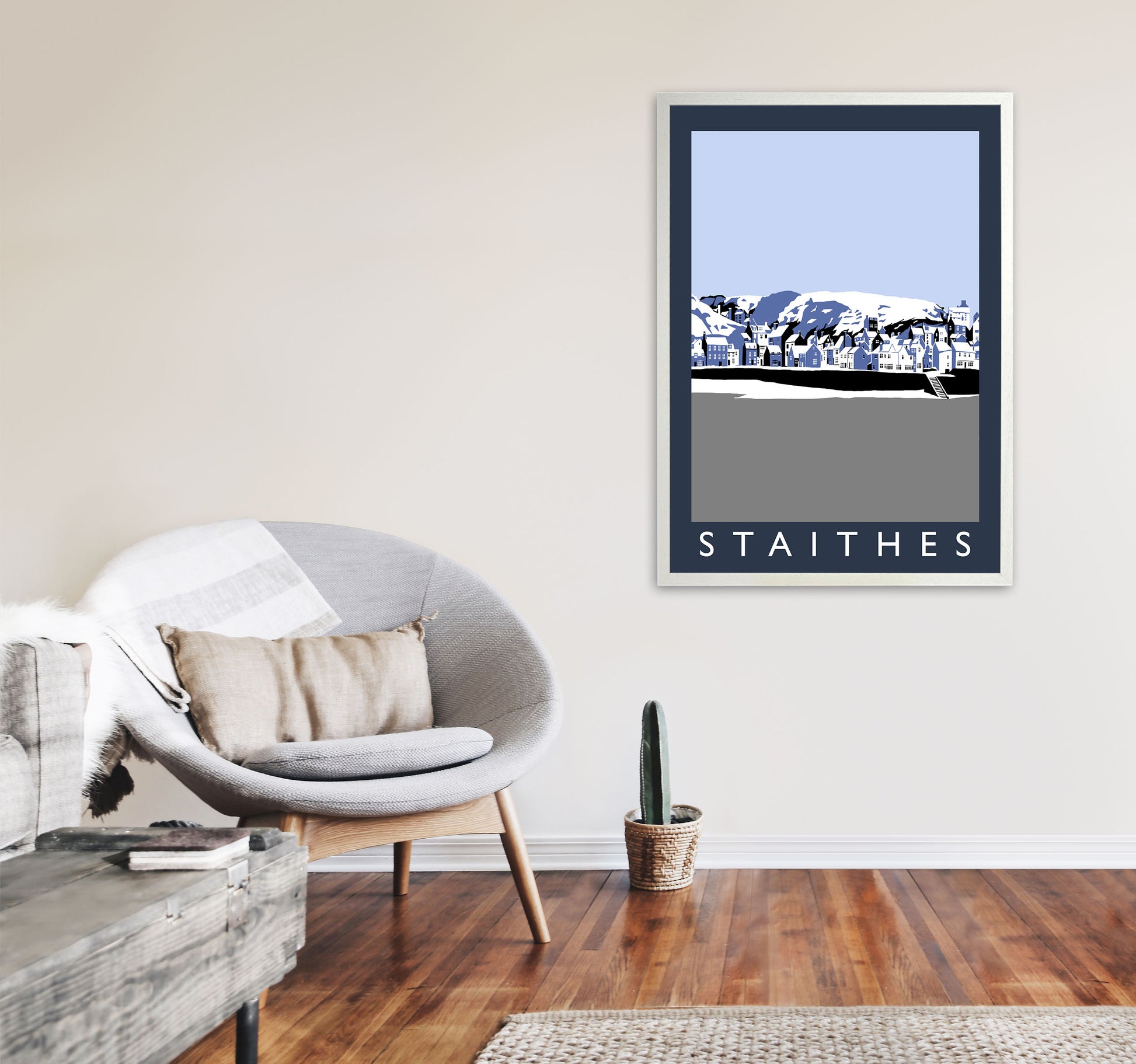 Staithes Travel Art Print by Richard O'Neill, Framed Wall Art A1 Oak Frame