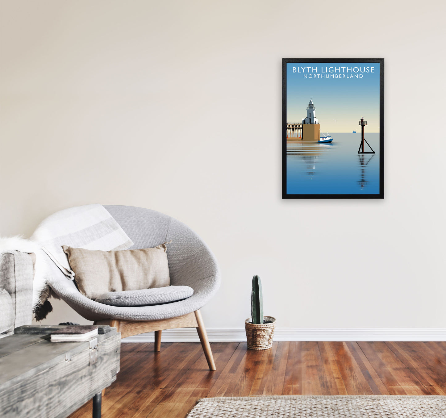 Blyth Lighthouse Northumberland Art Print by Richard O'Neill A2 White Frame