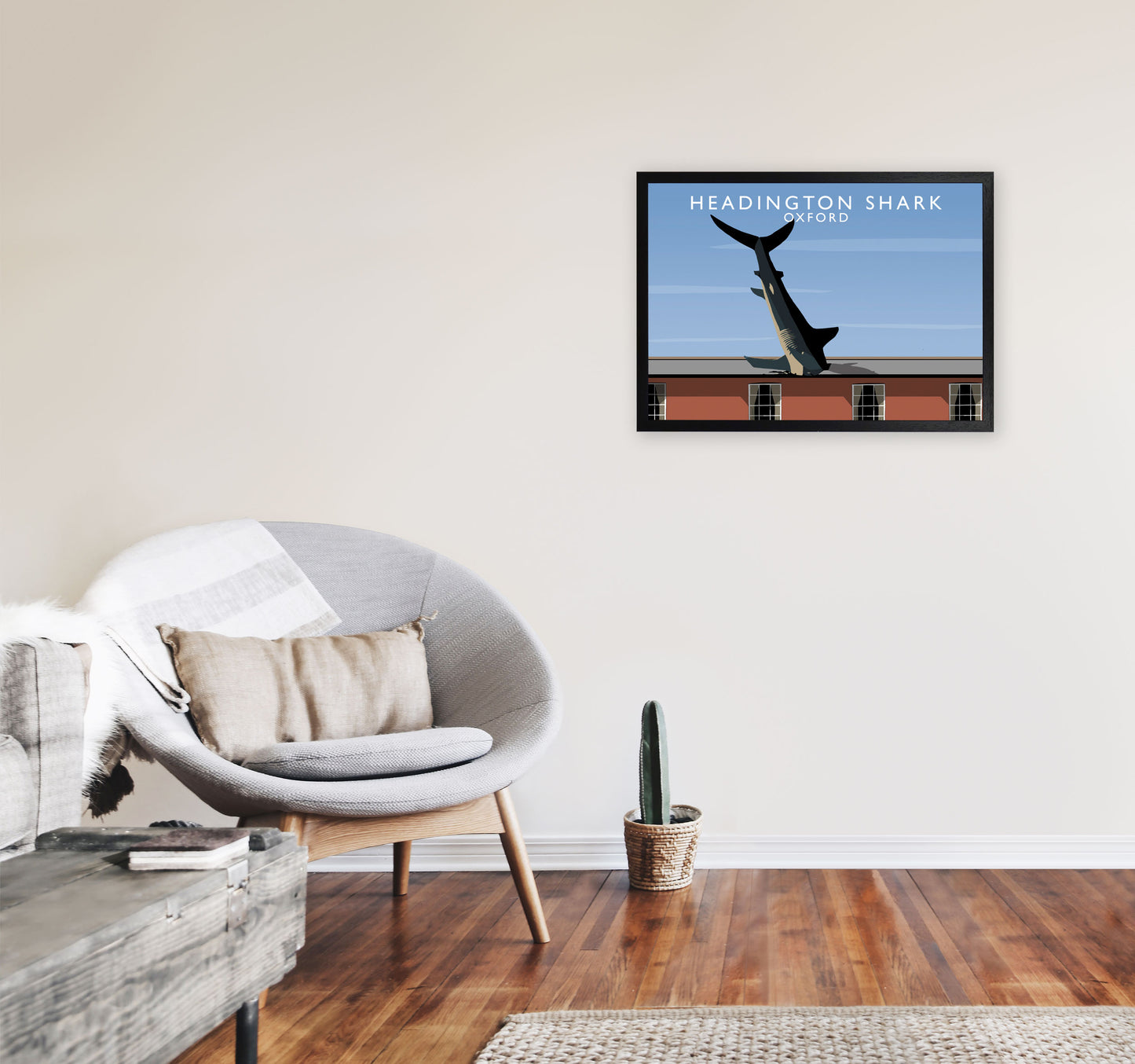 Headington Shark Oxford Travel Art Print by Richard O'Neill, Framed Wall Art A2 White Frame