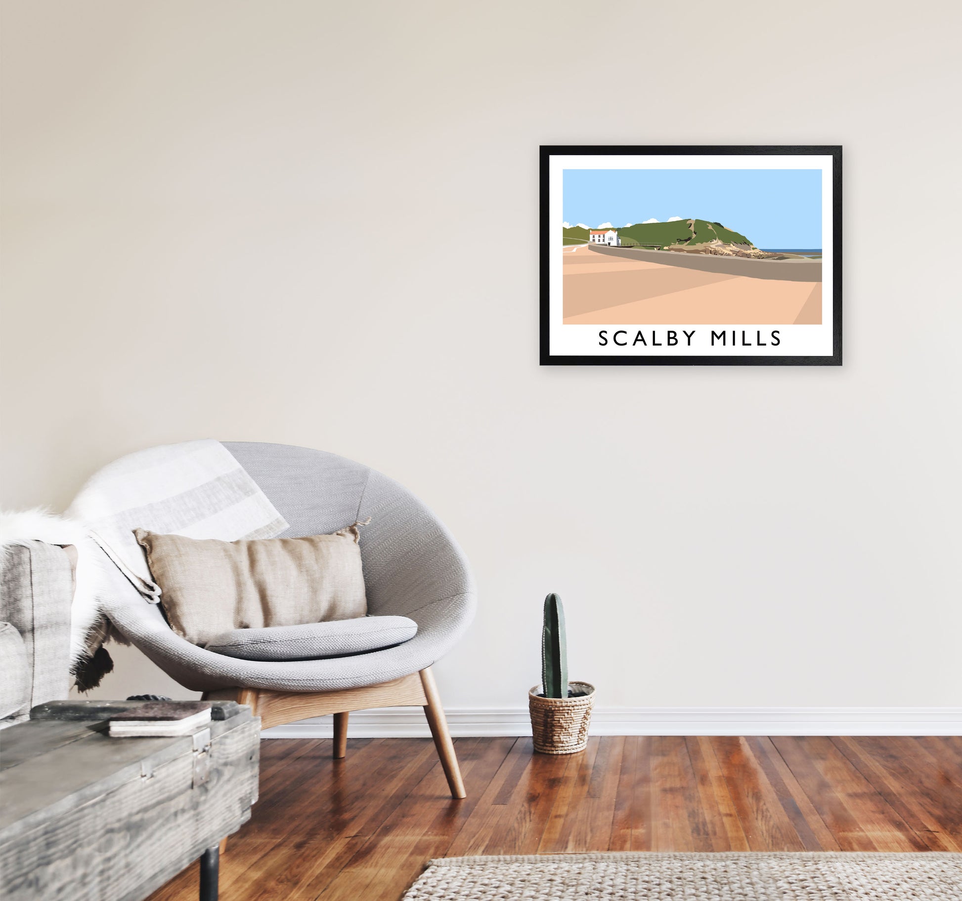 Scalby Mills Travel Art Print by Richard O'Neill, Framed Wall Art A2 White Frame