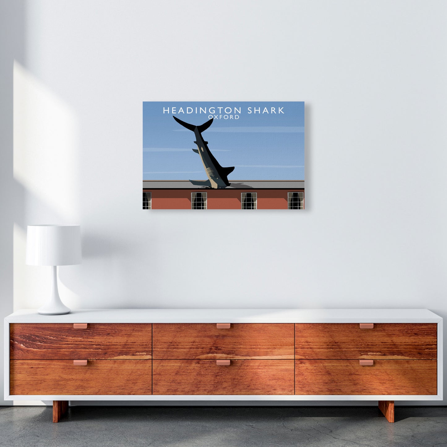 Headington Shark Oxford Travel Art Print by Richard O'Neill, Framed Wall Art A2 Canvas