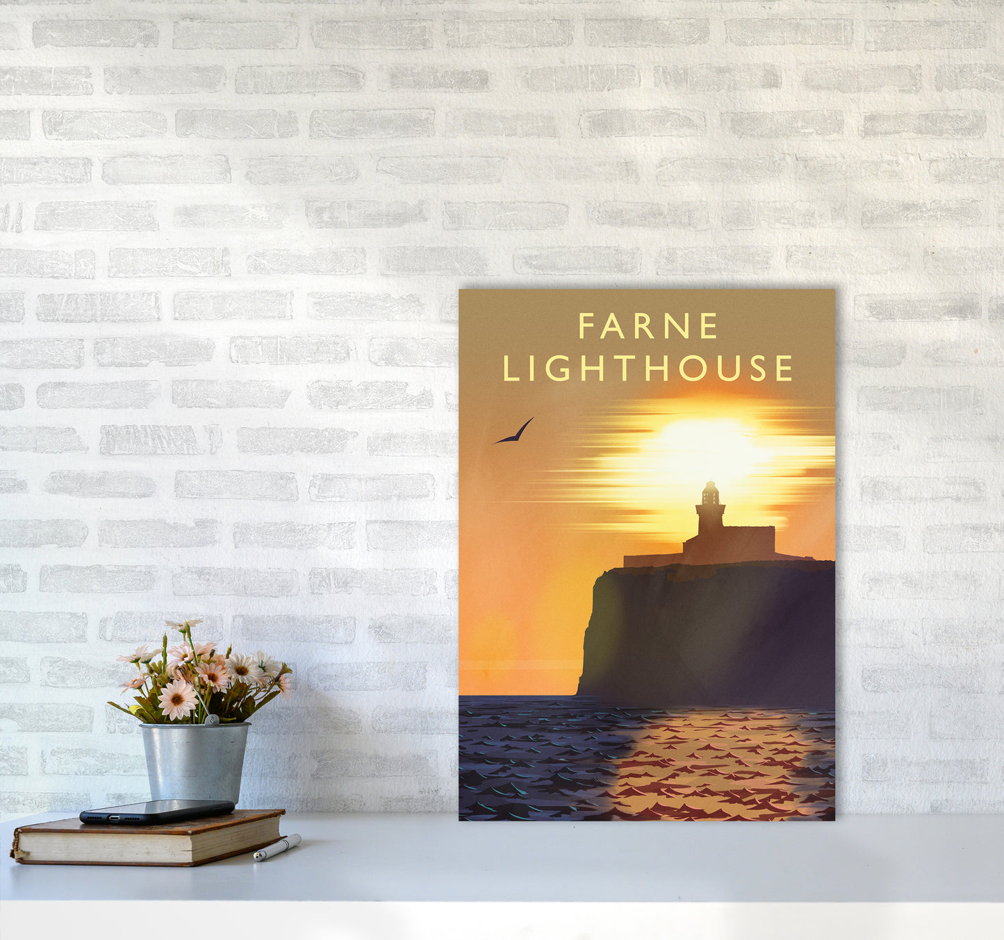 Farne Lighthouse portrait Travel Art Print by Richard O'Neill A2 Black Frame