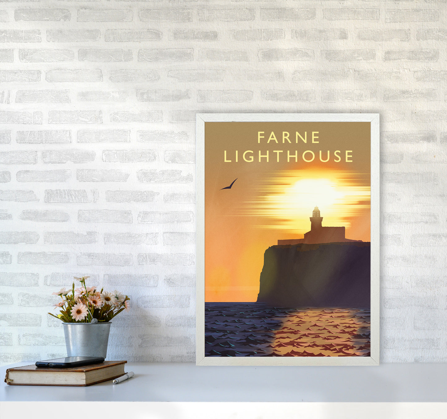 Farne Lighthouse portrait Travel Art Print by Richard O'Neill A2 Oak Frame