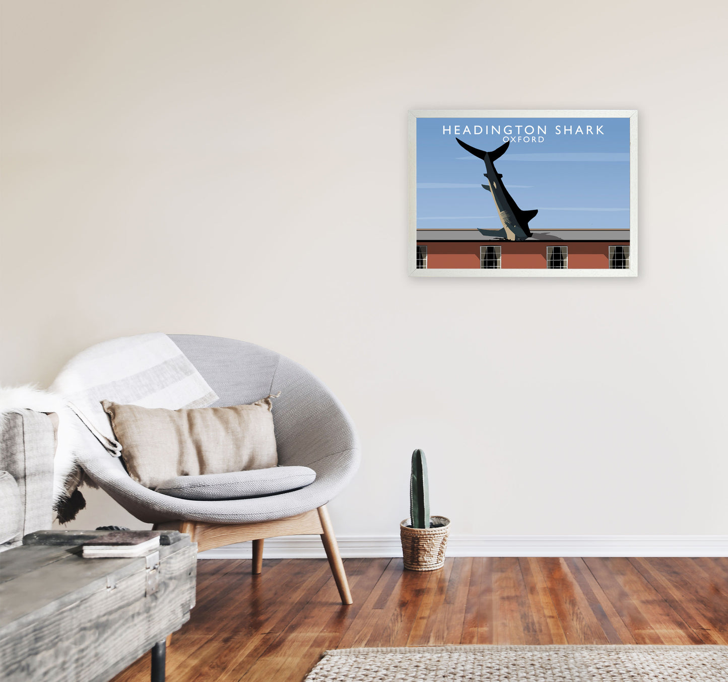 Headington Shark Oxford Travel Art Print by Richard O'Neill, Framed Wall Art A2 Oak Frame