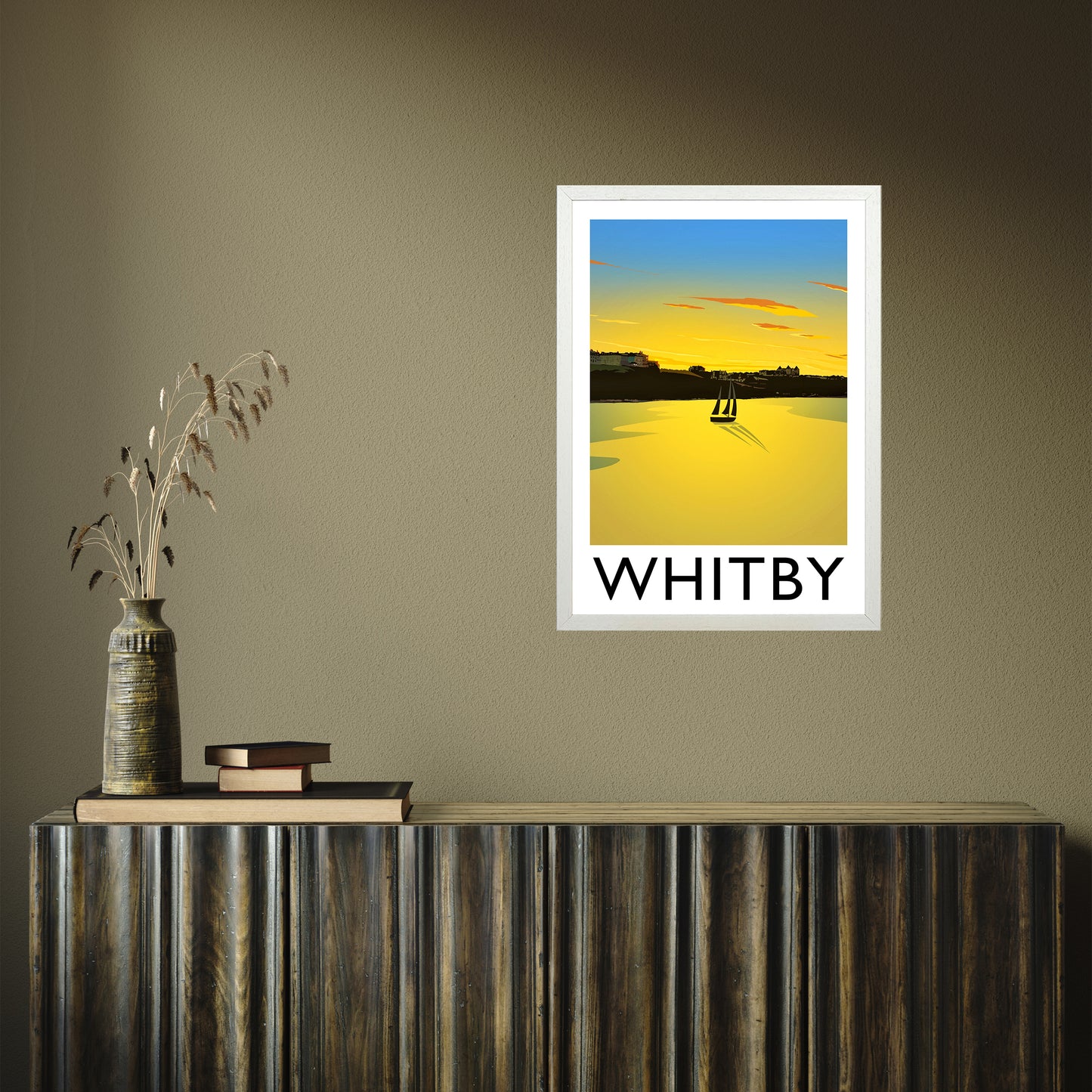 Whitby (Sunset) 2 portrait by Richard O'Neill A2 White Frame