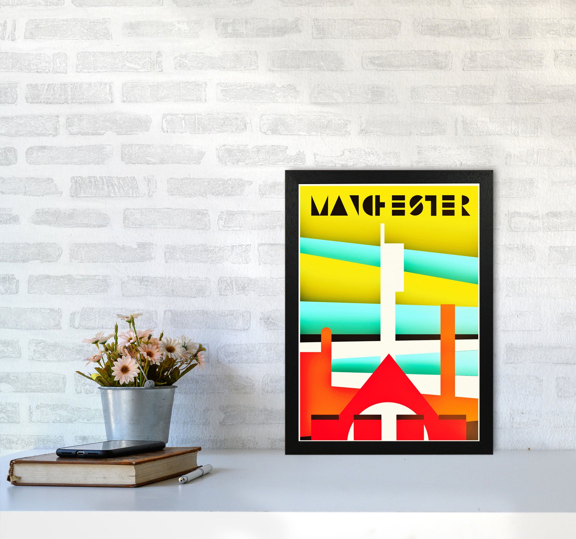 Manchester Travel Art Print by Richard O'Neill A3 White Frame