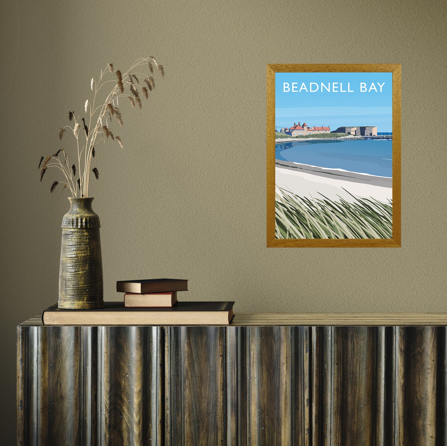 Beadnell Bay portrait by Richard O'Neill A3 Oak Frame