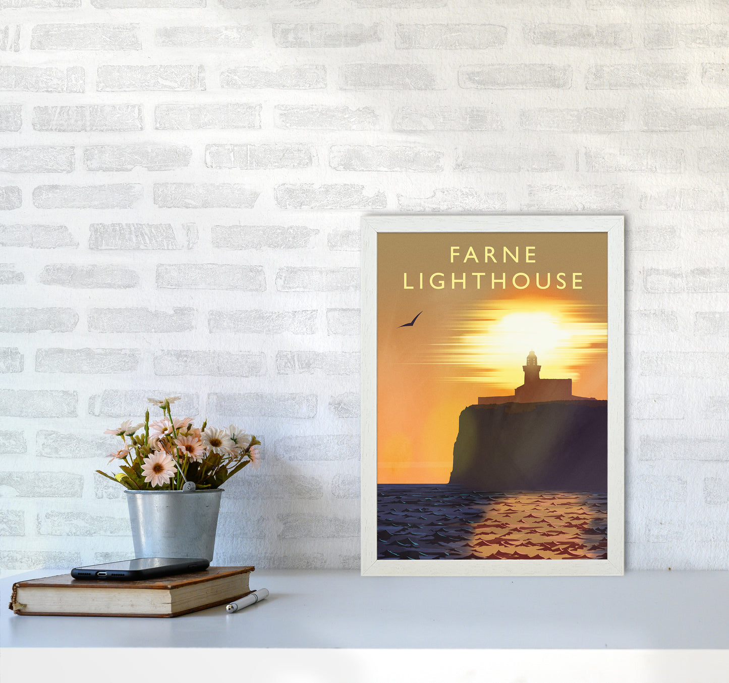 Farne Lighthouse portrait Travel Art Print by Richard O'Neill A3 Oak Frame