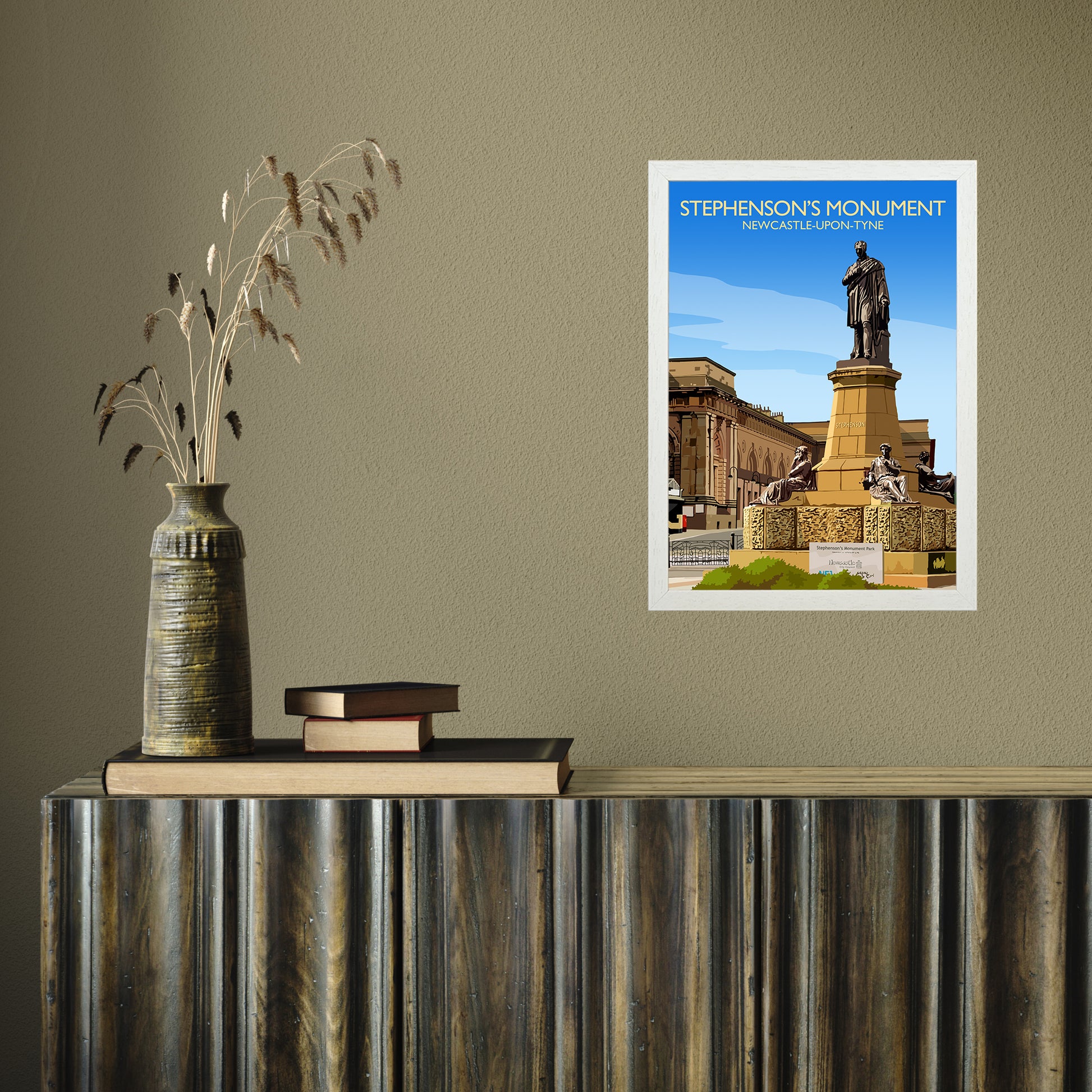 Stephenson's Monument by Richard O'Neill A3 White Frame