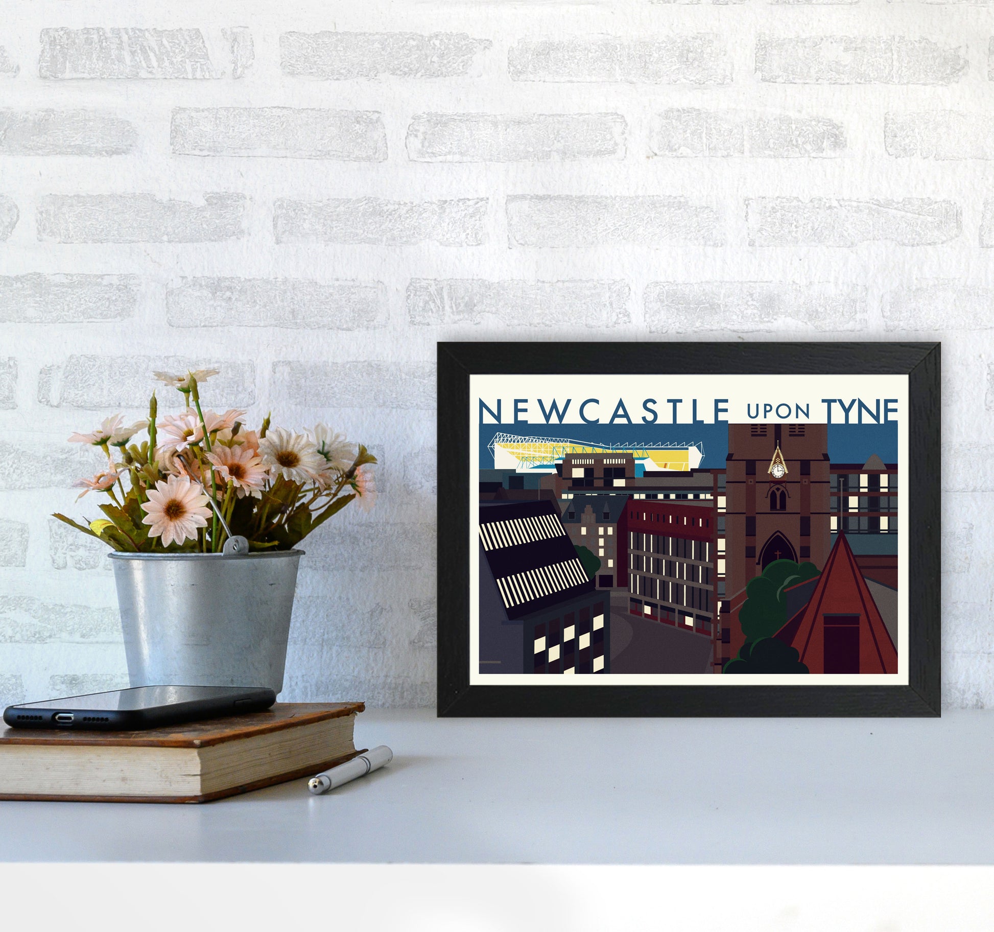 Newcastle upon Tyne 2 (Night) landscape Travel Art Print by Richard O'Neill A4 White Frame