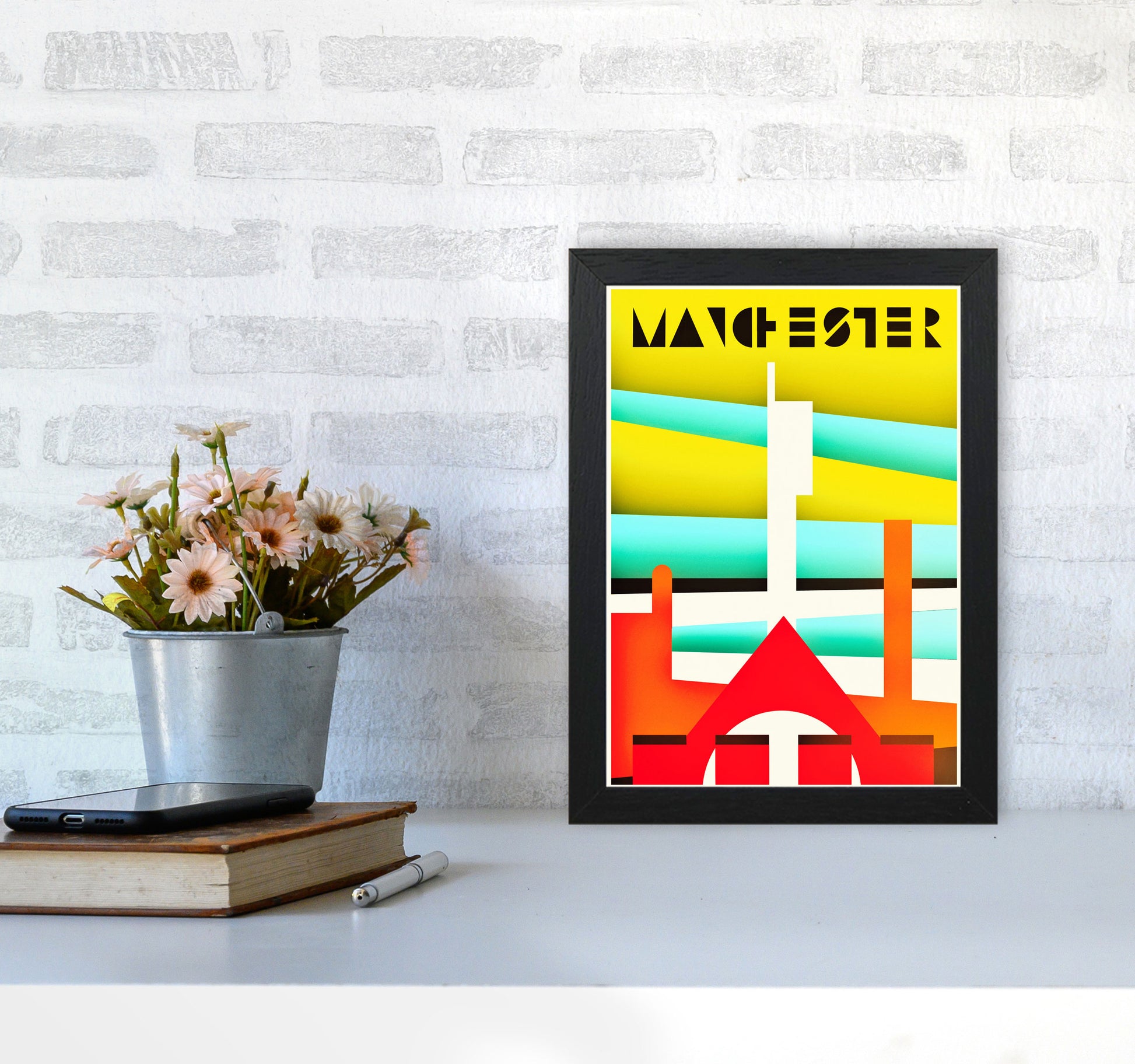 Manchester Travel Art Print by Richard O'Neill A4 White Frame