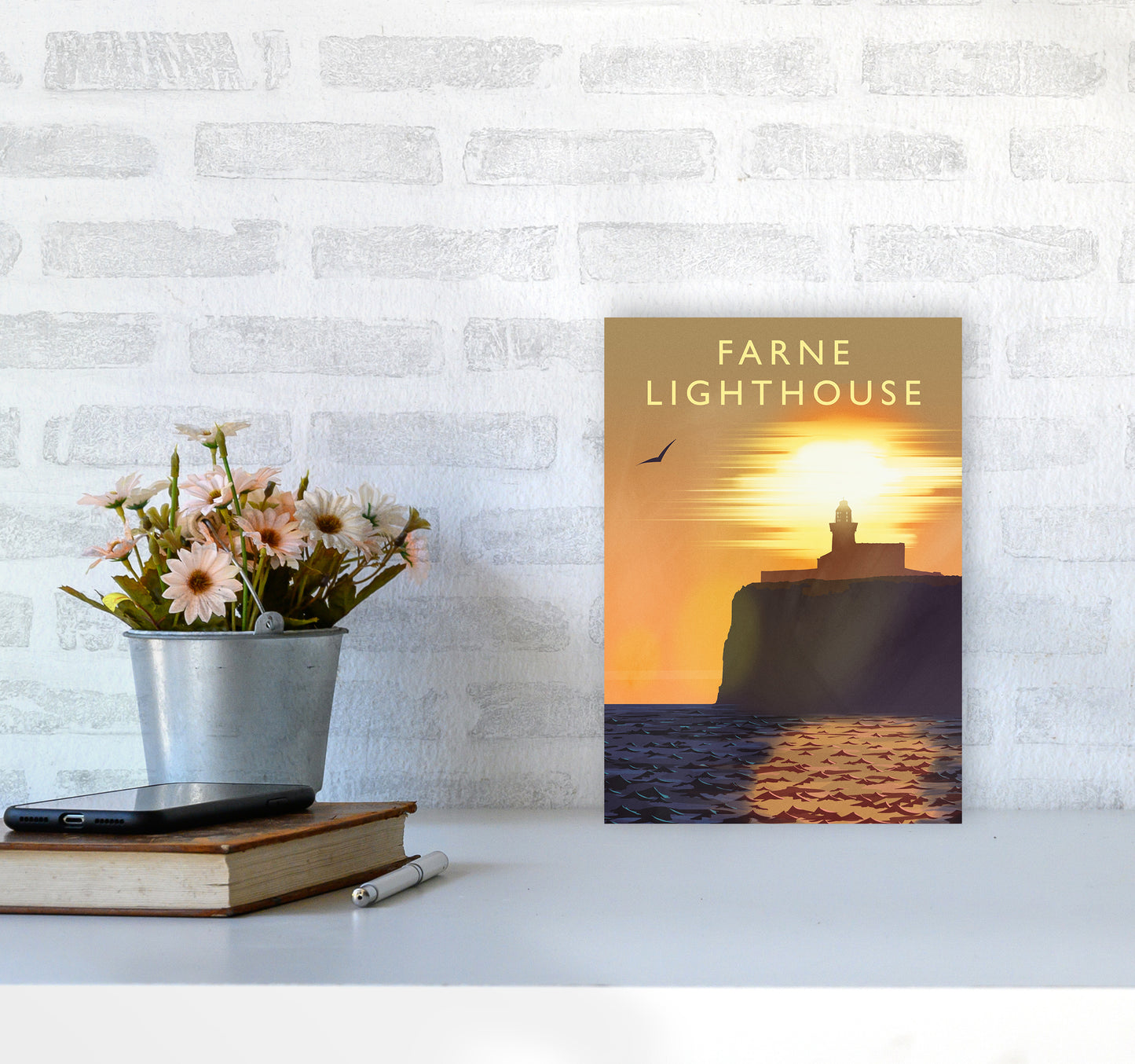 Farne Lighthouse portrait Travel Art Print by Richard O'Neill A4 Black Frame