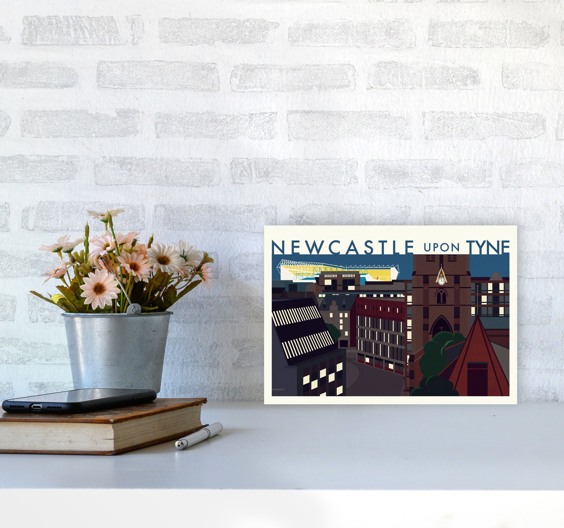 Newcastle upon Tyne 2 (Night) landscape Travel Art Print by Richard O'Neill A4 Black Frame