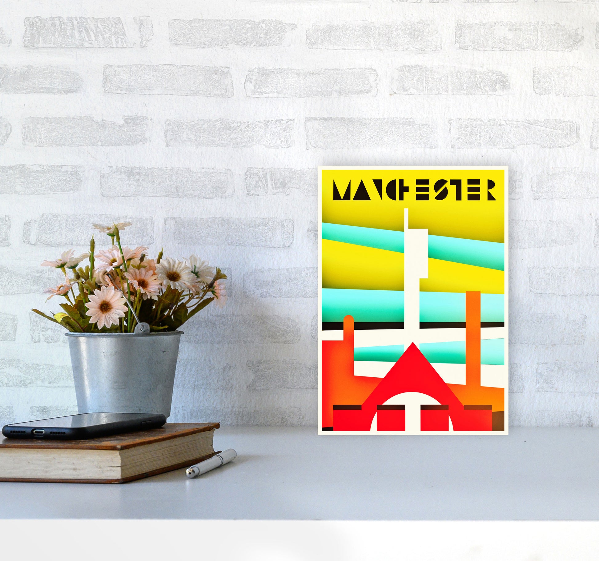 Manchester Travel Art Print by Richard O'Neill A4 Black Frame