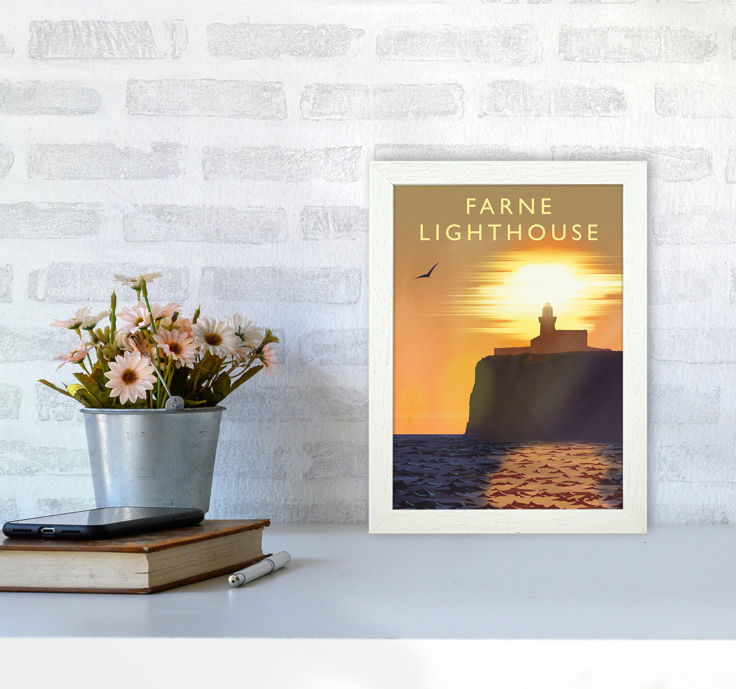 Farne Lighthouse portrait Travel Art Print by Richard O'Neill A4 Oak Frame