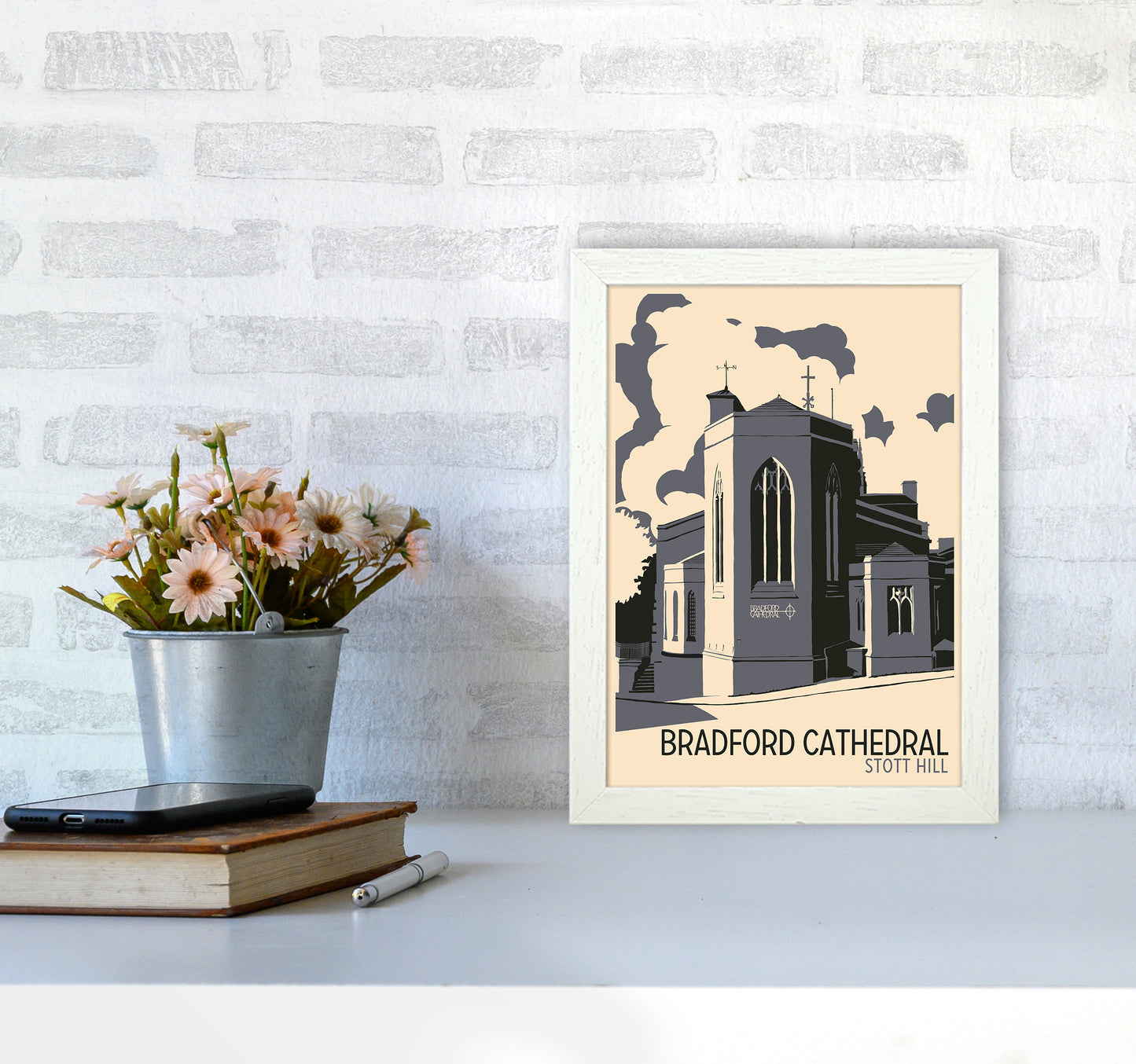 Bradford Cathedral, Stott Hill Travel Art Print by Richard O'Neill A4 Oak Frame