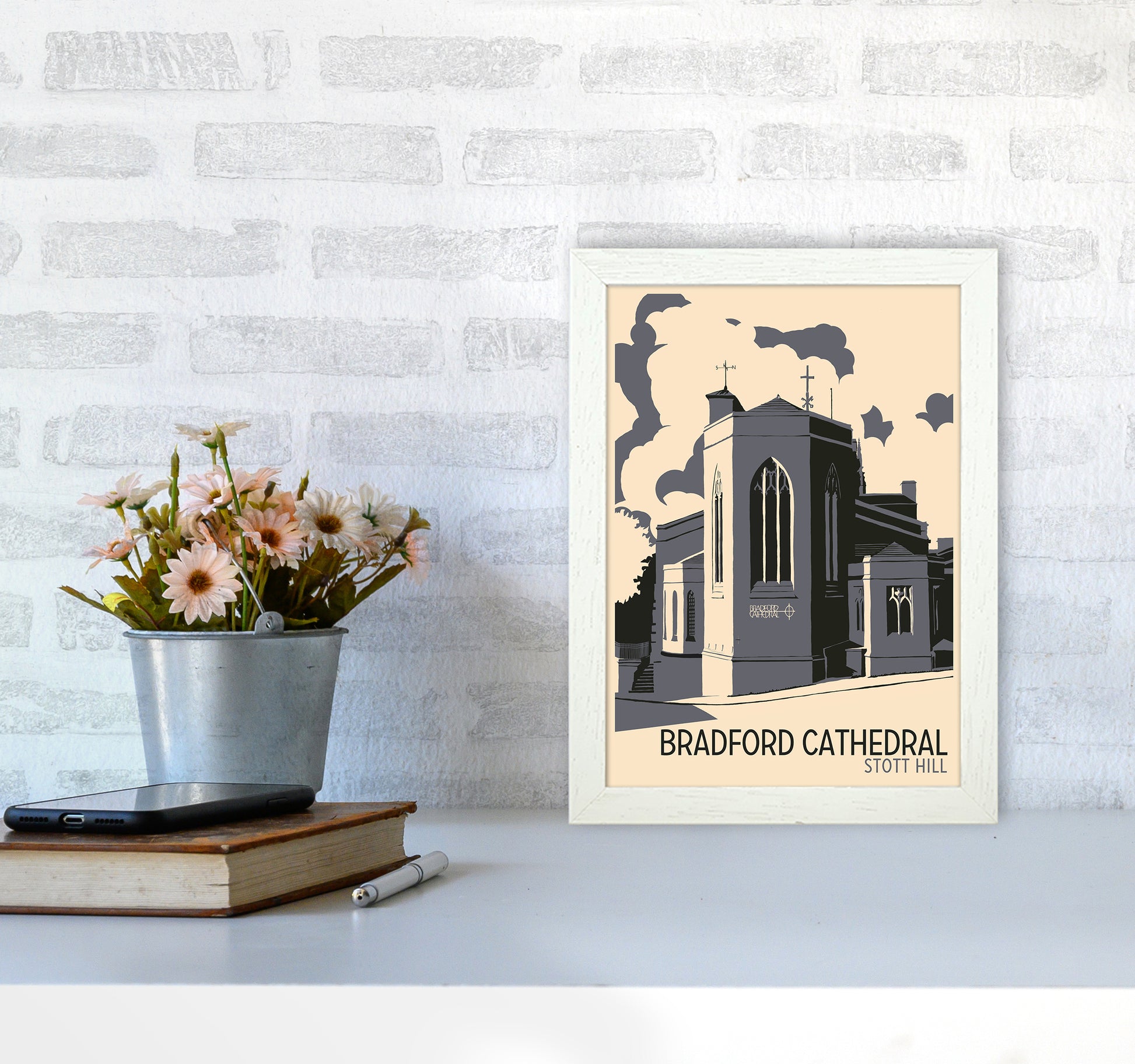 Bradford Cathedral, Stott Hill Travel Art Print by Richard O'Neill A4 Oak Frame