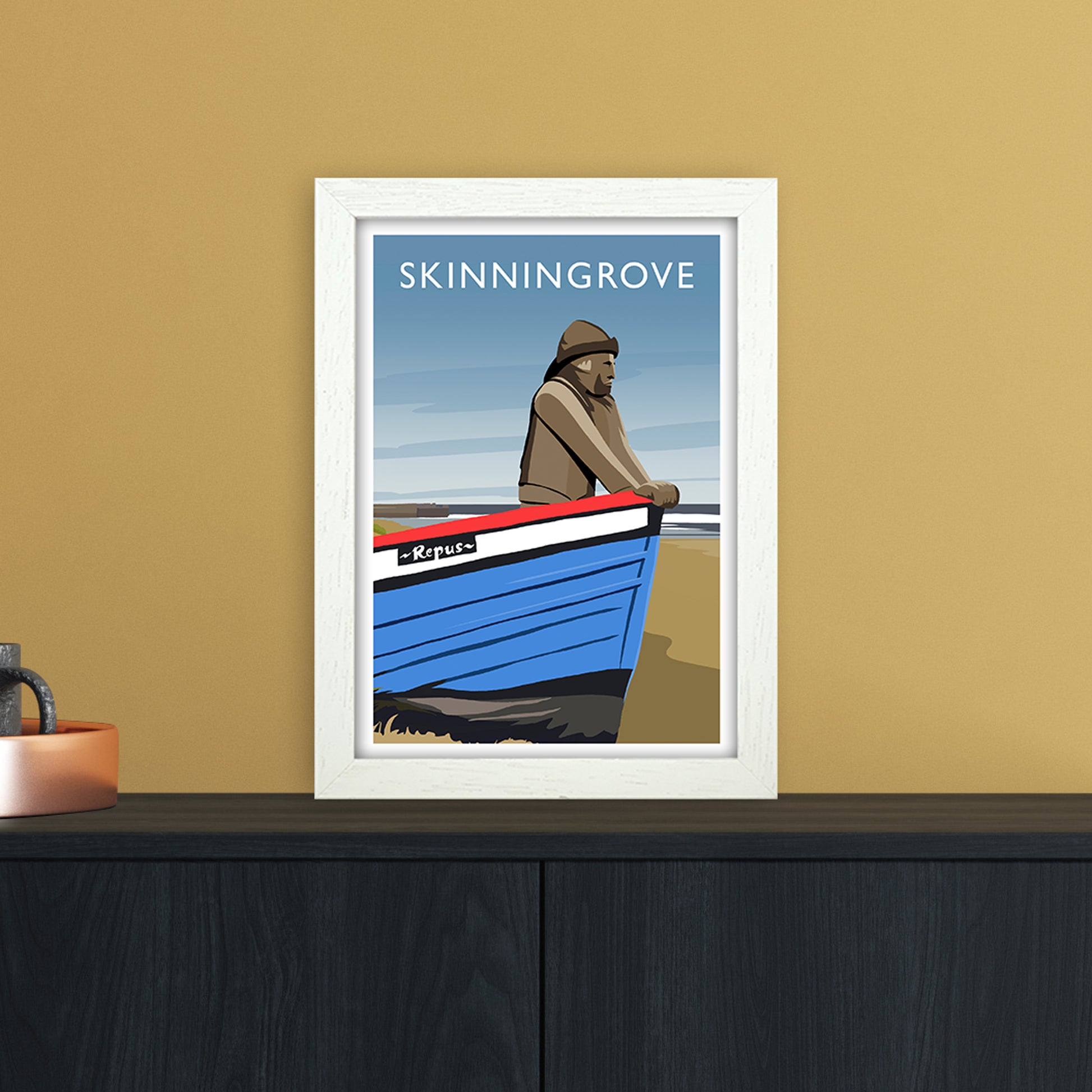 Skinningrove Portrait Travel Art Print by Richard O'Neill A4 Oak Frame