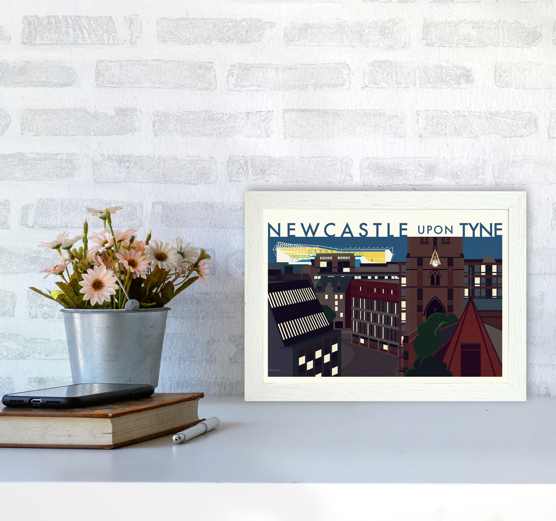 Newcastle upon Tyne 2 (Night) landscape Travel Art Print by Richard O'Neill A4 Oak Frame