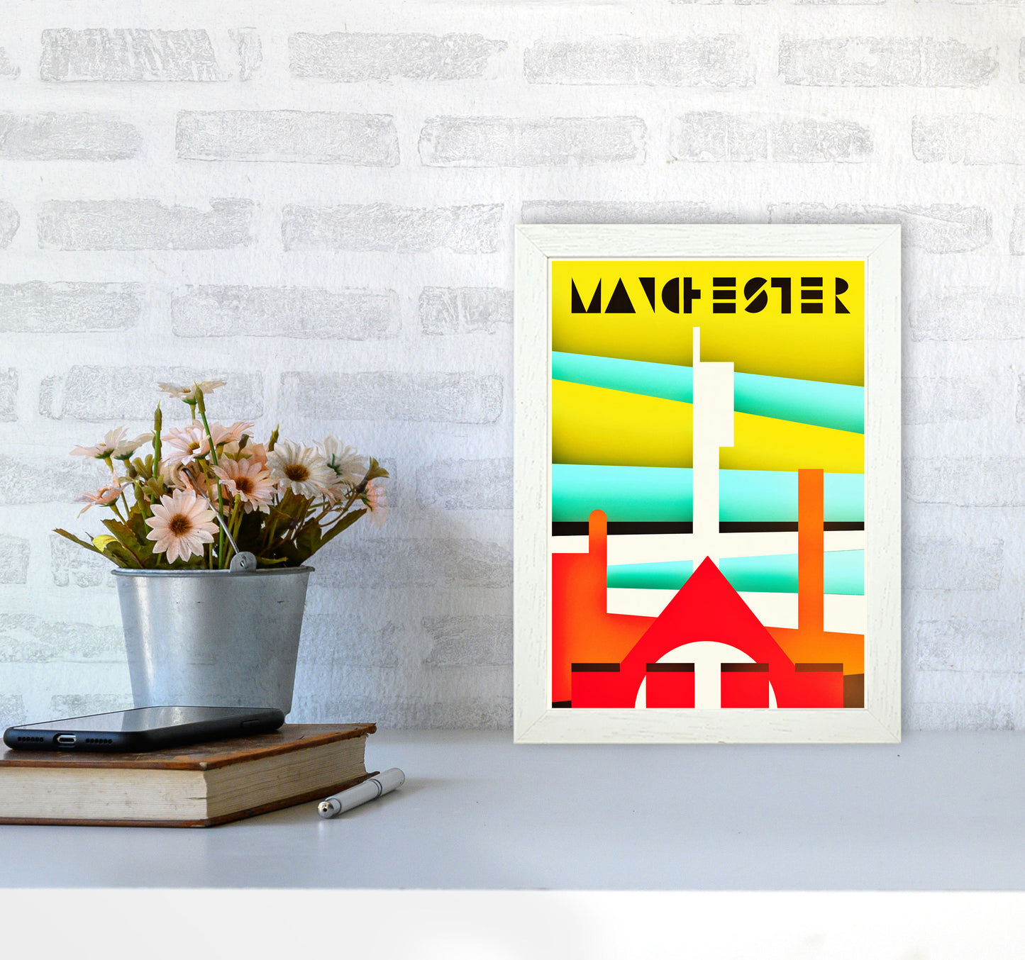 Manchester Travel Art Print by Richard O'Neill A4 Oak Frame