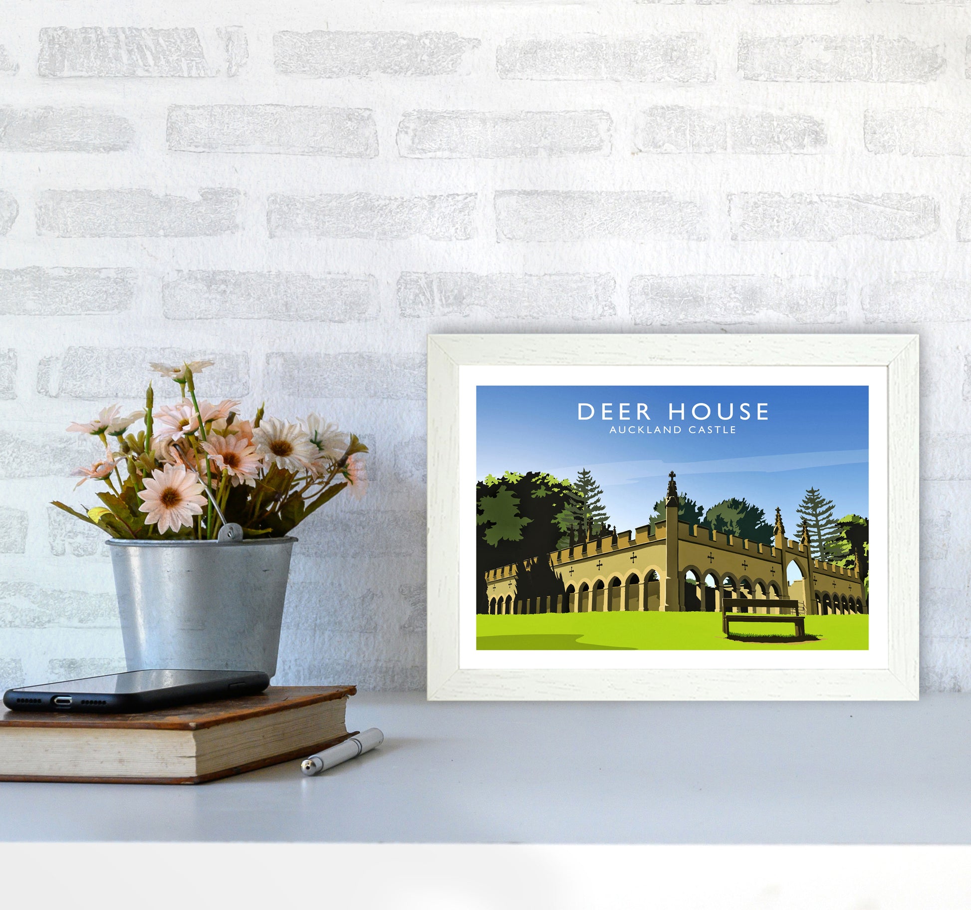 Deer House Travel Art Print by Richard O'Neill A4 Oak Frame