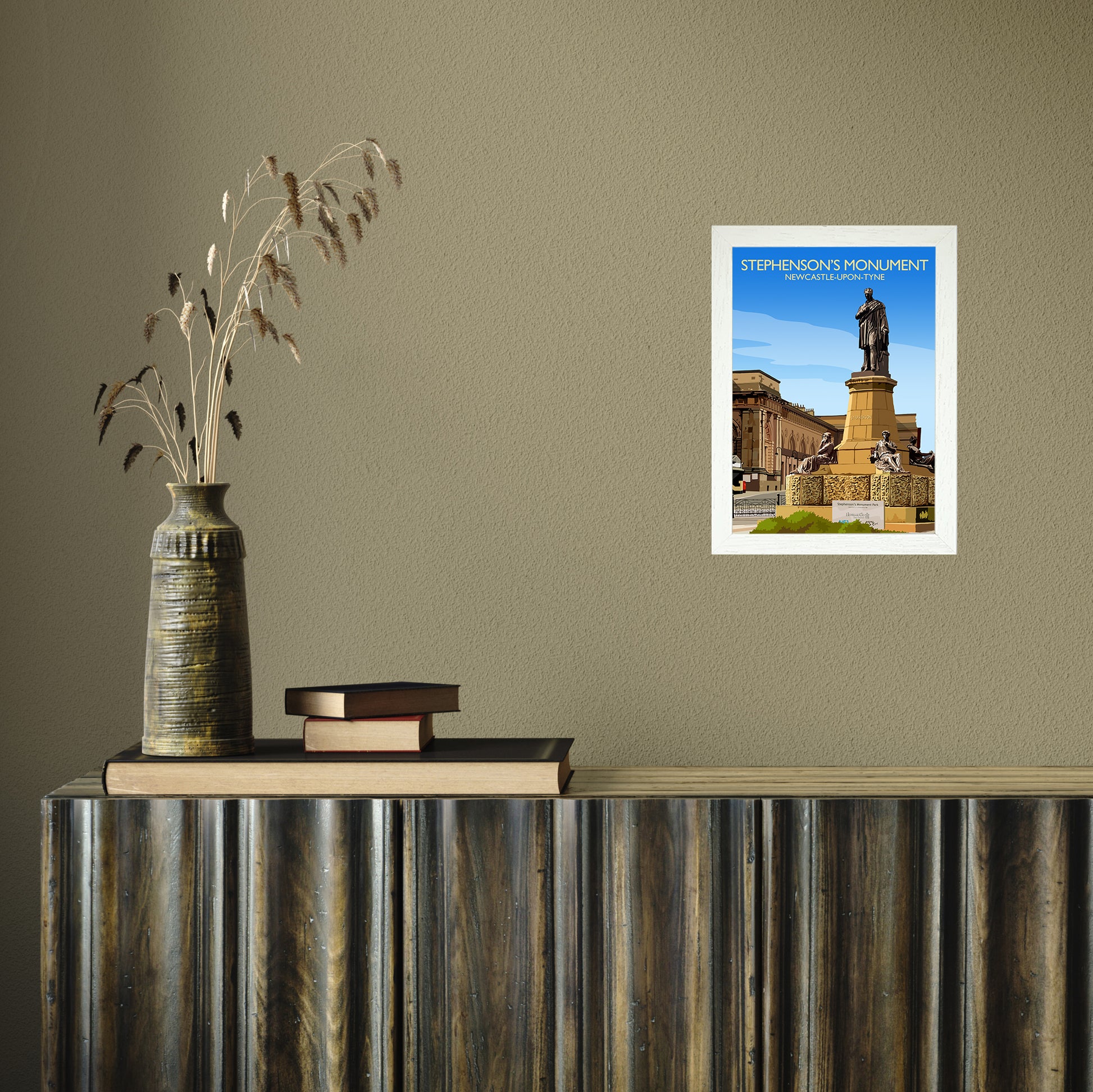 Stephenson's Monument by Richard O'Neill A4 White Frame