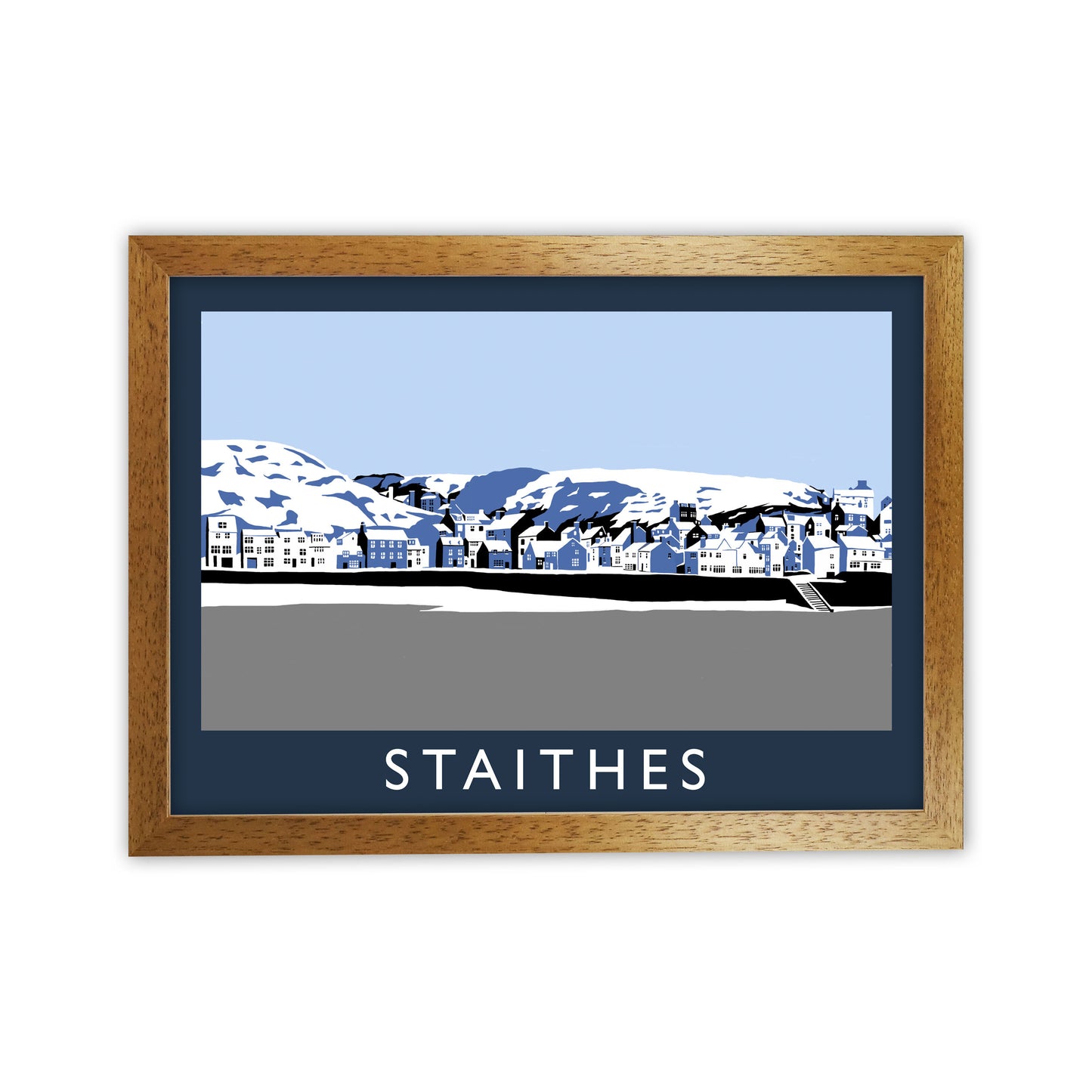 Staithes Travel Art Print by Richard O'Neill, Framed Wall Art Oak Grain