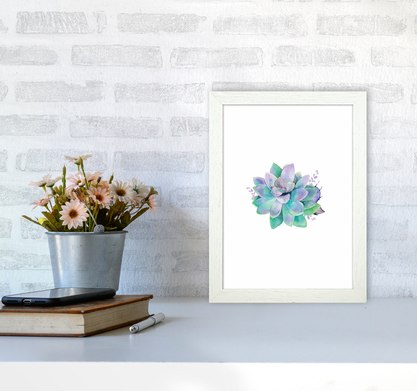 Aqua Succulent Botanical Art Print by Seven Trees Design