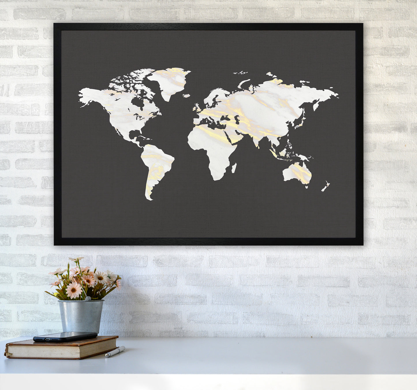 Marble Gold World Map Art Print by Seven Trees Design A1 White Frame