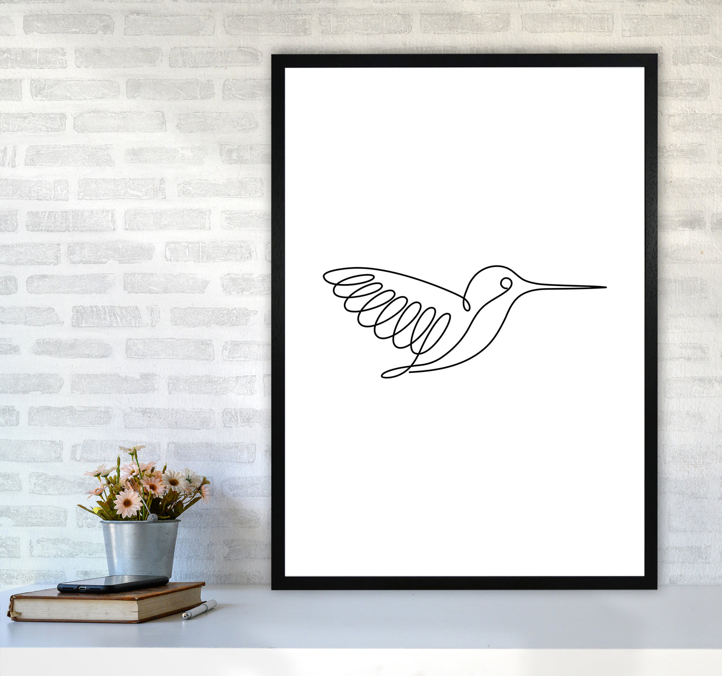 One Line Hummingbird Art Print by Seven Trees Design A1 White Frame