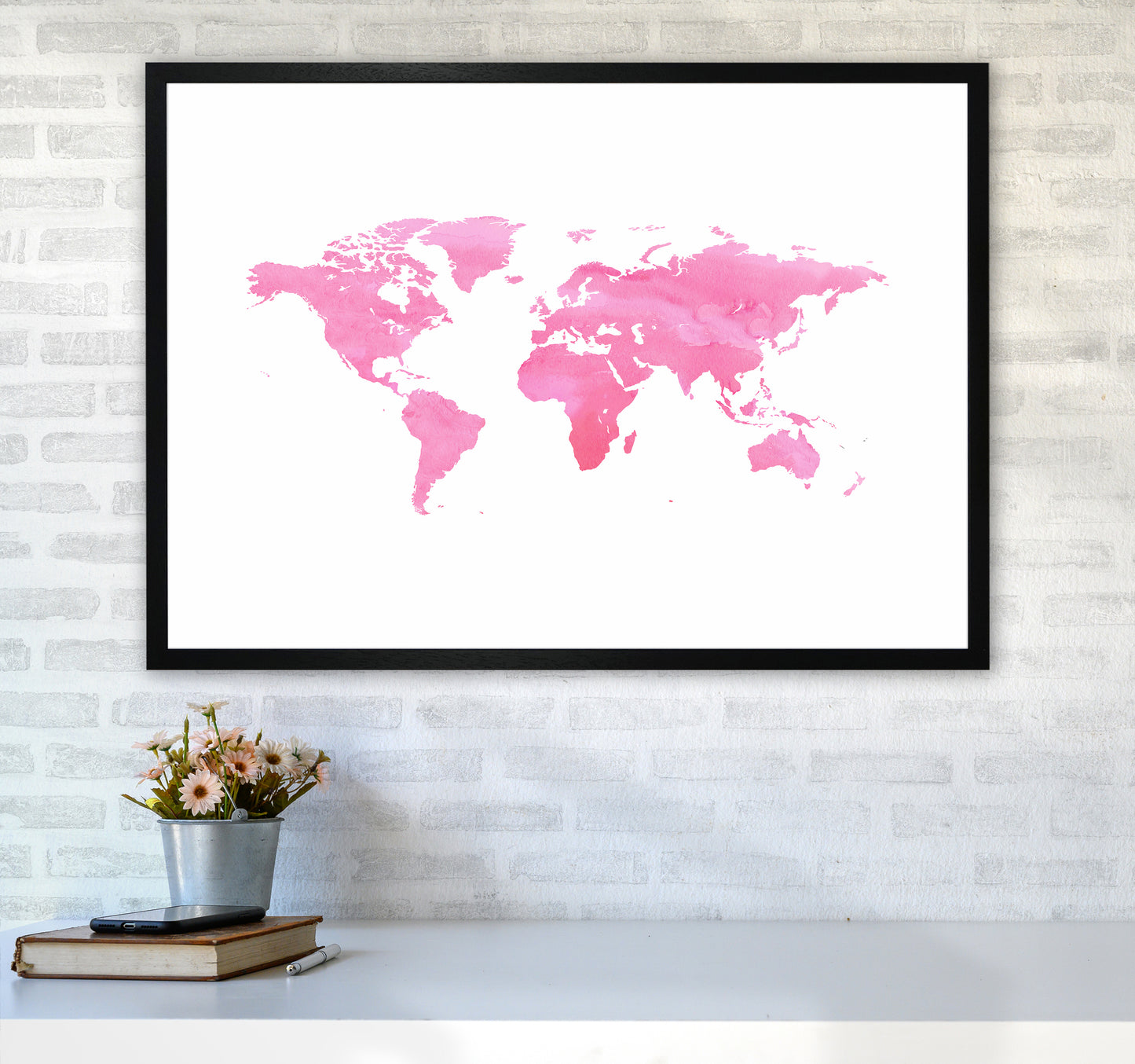Pink Watercolor World Maps Art Print by Seven Trees Design A1 White Frame