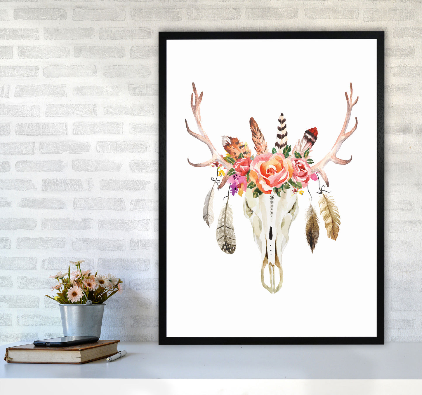 Boho cow skull Art Print by Seven Trees Design A1 White Frame