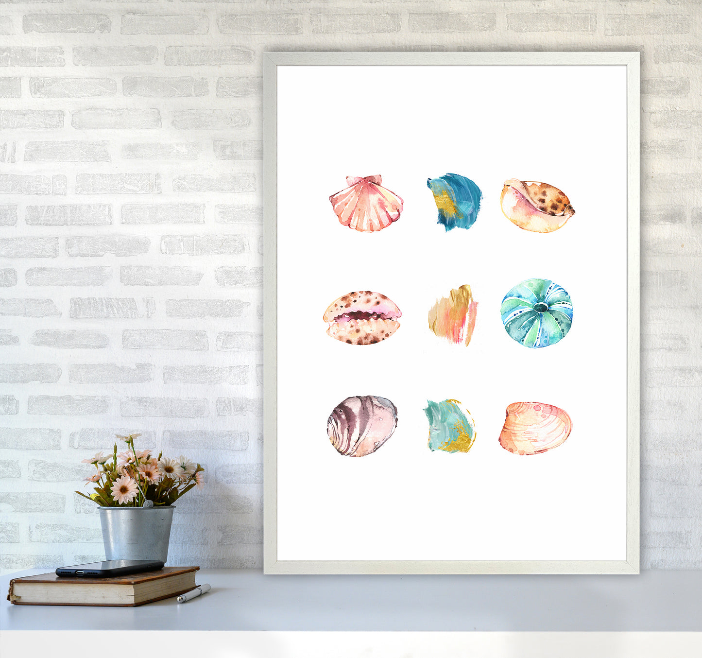 Sea And Brush Strokes II Shell Art Print by Seven Trees Design A1 Oak Frame
