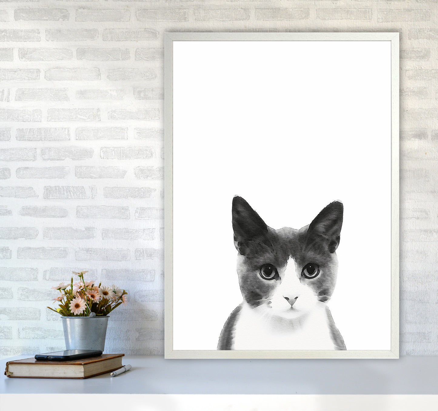 Watercolor Cat Art Print by Seven Trees Design A1 Oak Frame