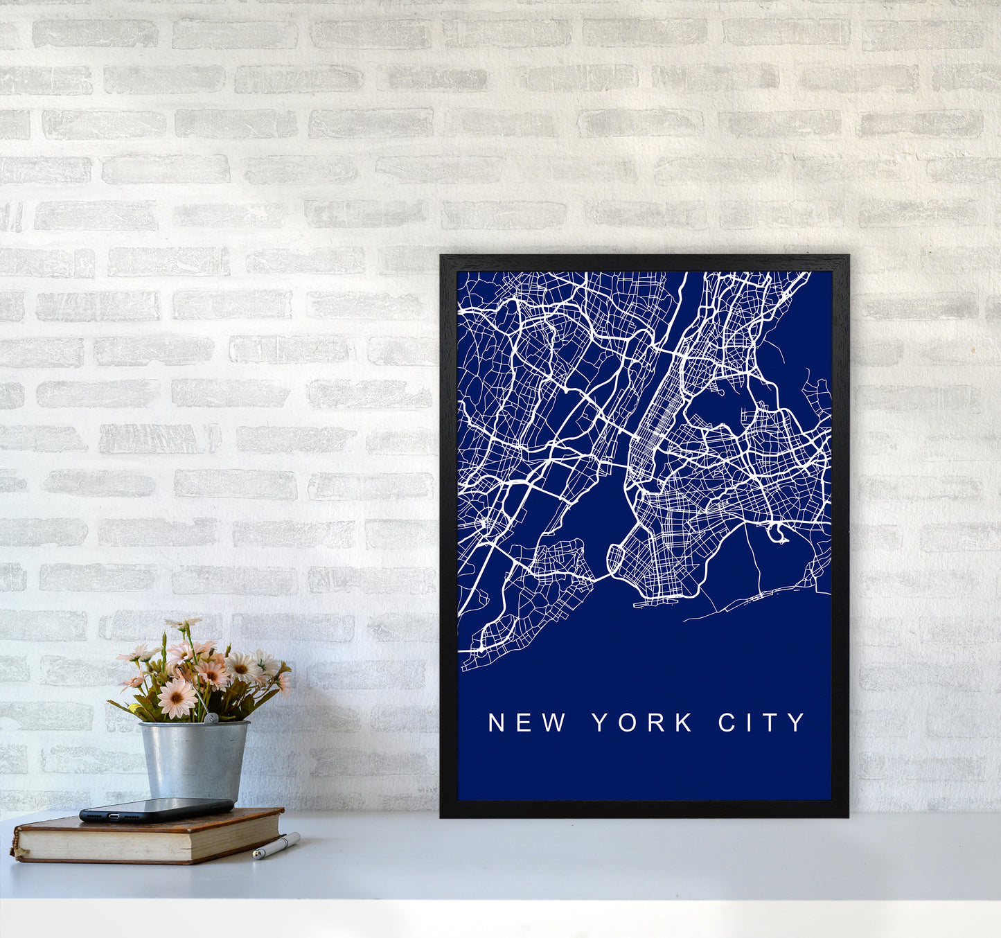 NYC Streets Blue Map Art Print by Seven Trees Design A2 White Frame