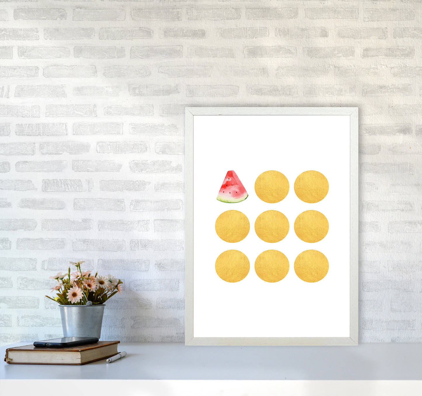 Gold Watermelon Kitchen Art Print by Seven Trees Design A2 Oak Frame