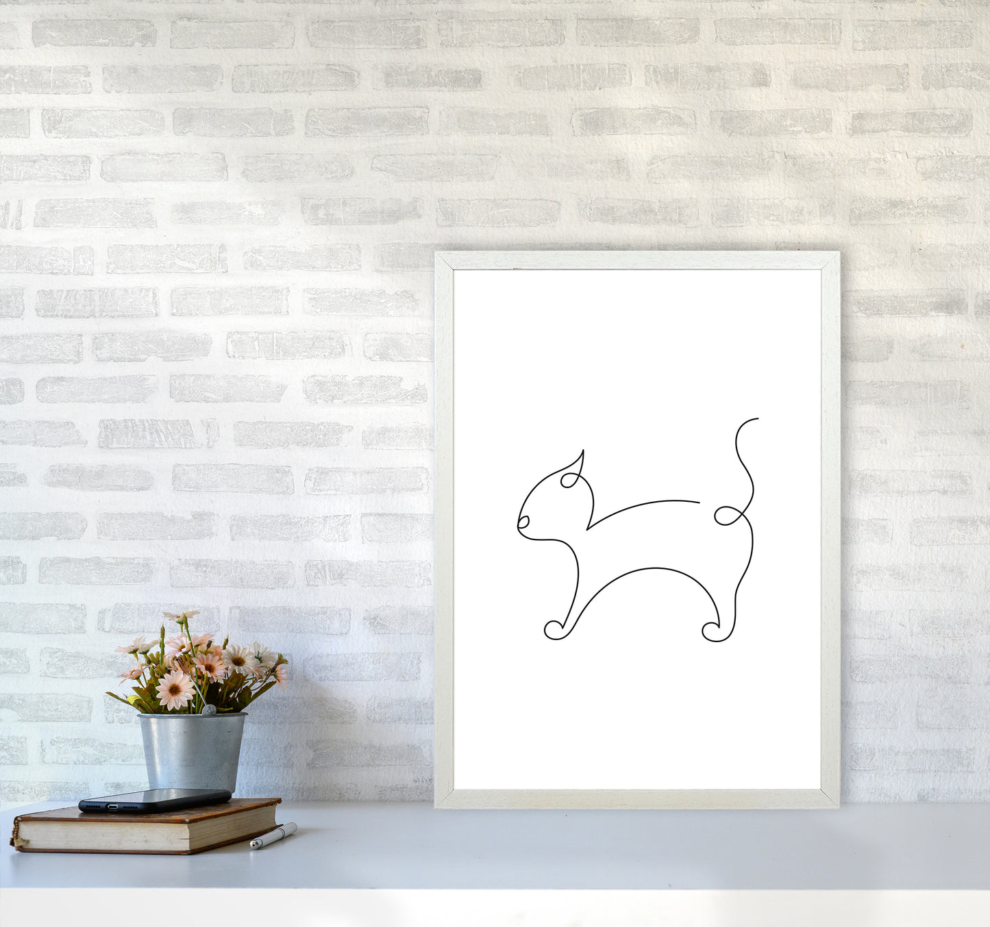 One Line Cat Art Print by Seven Trees Design A2 Oak Frame