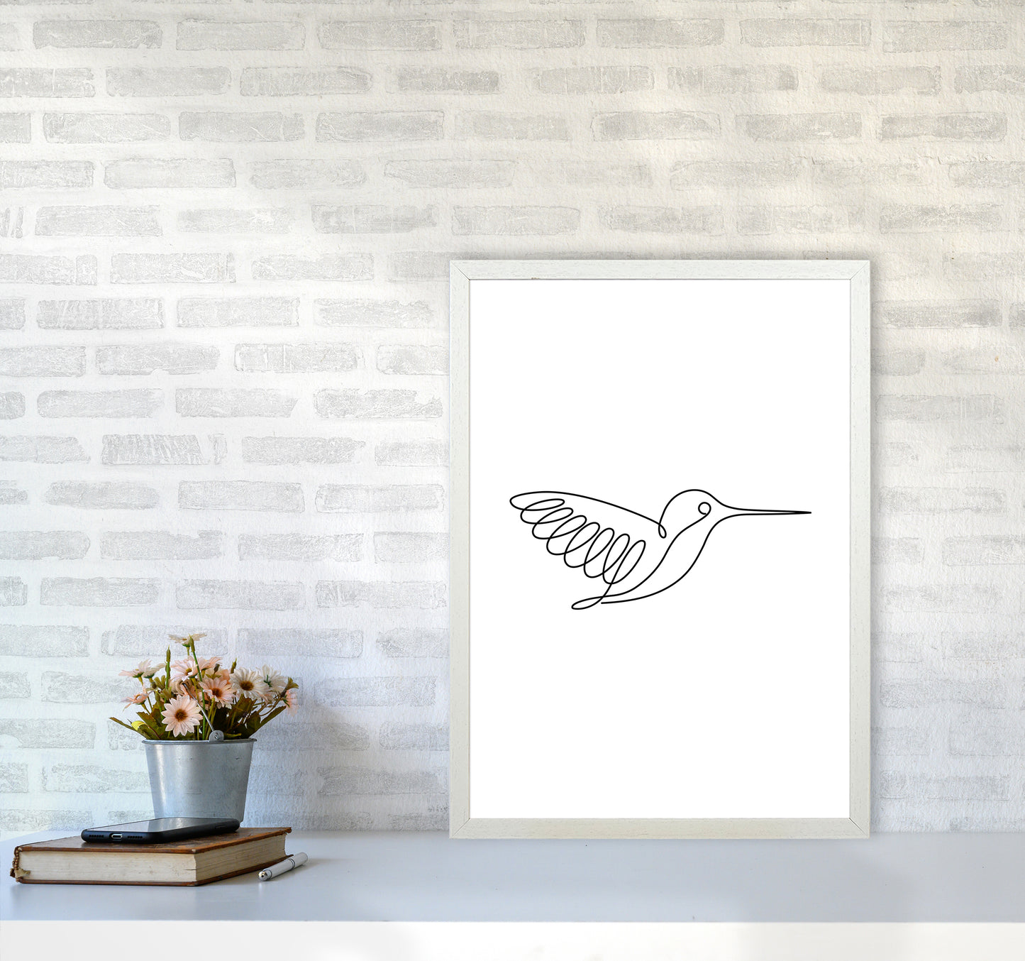 One Line Hummingbird Art Print by Seven Trees Design A2 Oak Frame