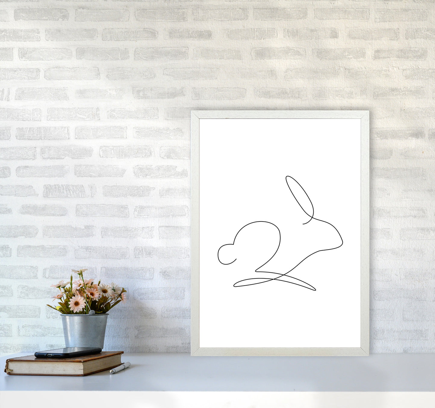 One Line Rabbit Art Print by Seven Trees Design A2 Oak Frame