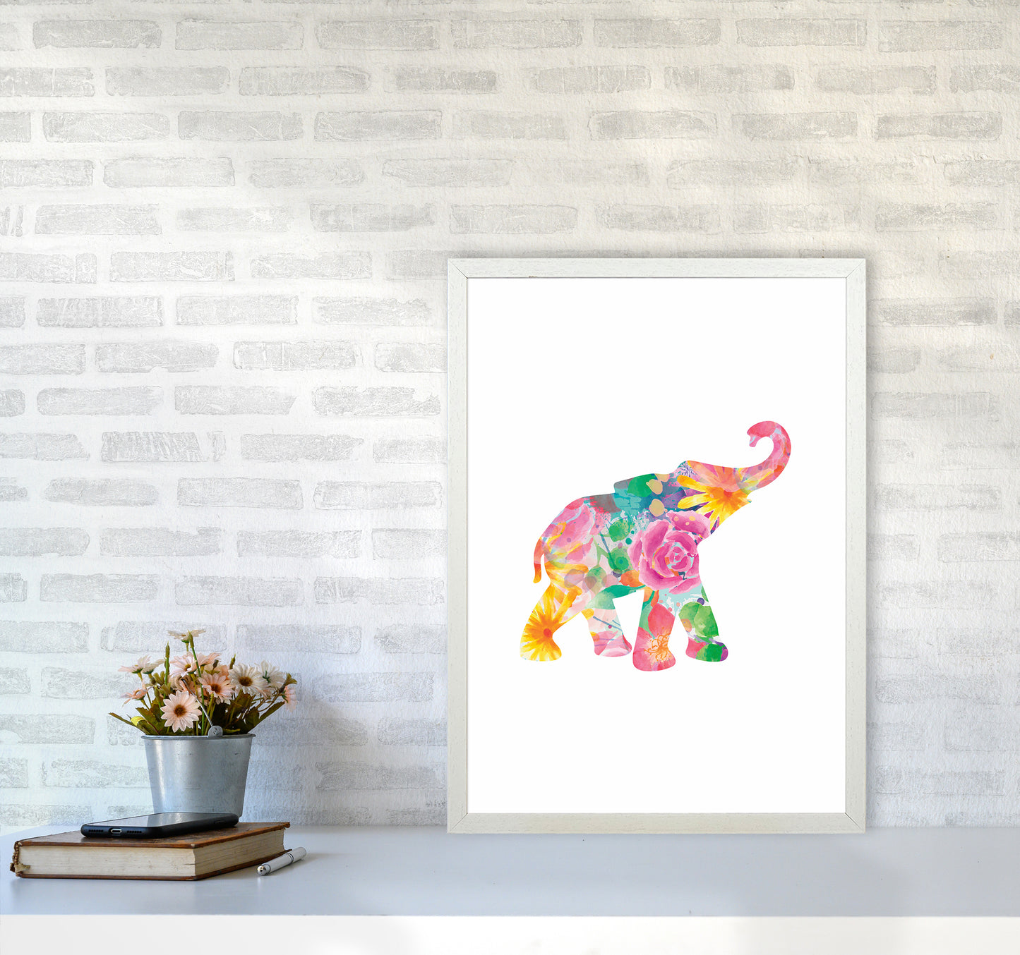 The Floral Elephant Animal Art Print by Seven Trees Design A2 Oak Frame