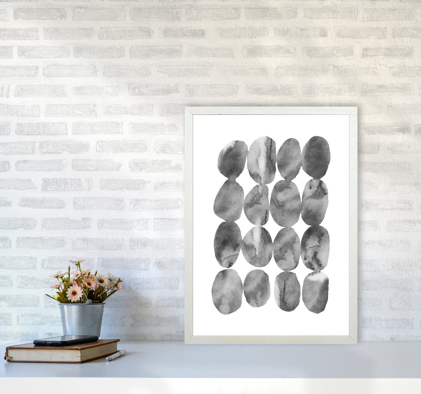 Watercolor Grey Stones Art Print by Seven Trees Design A2 Oak Frame